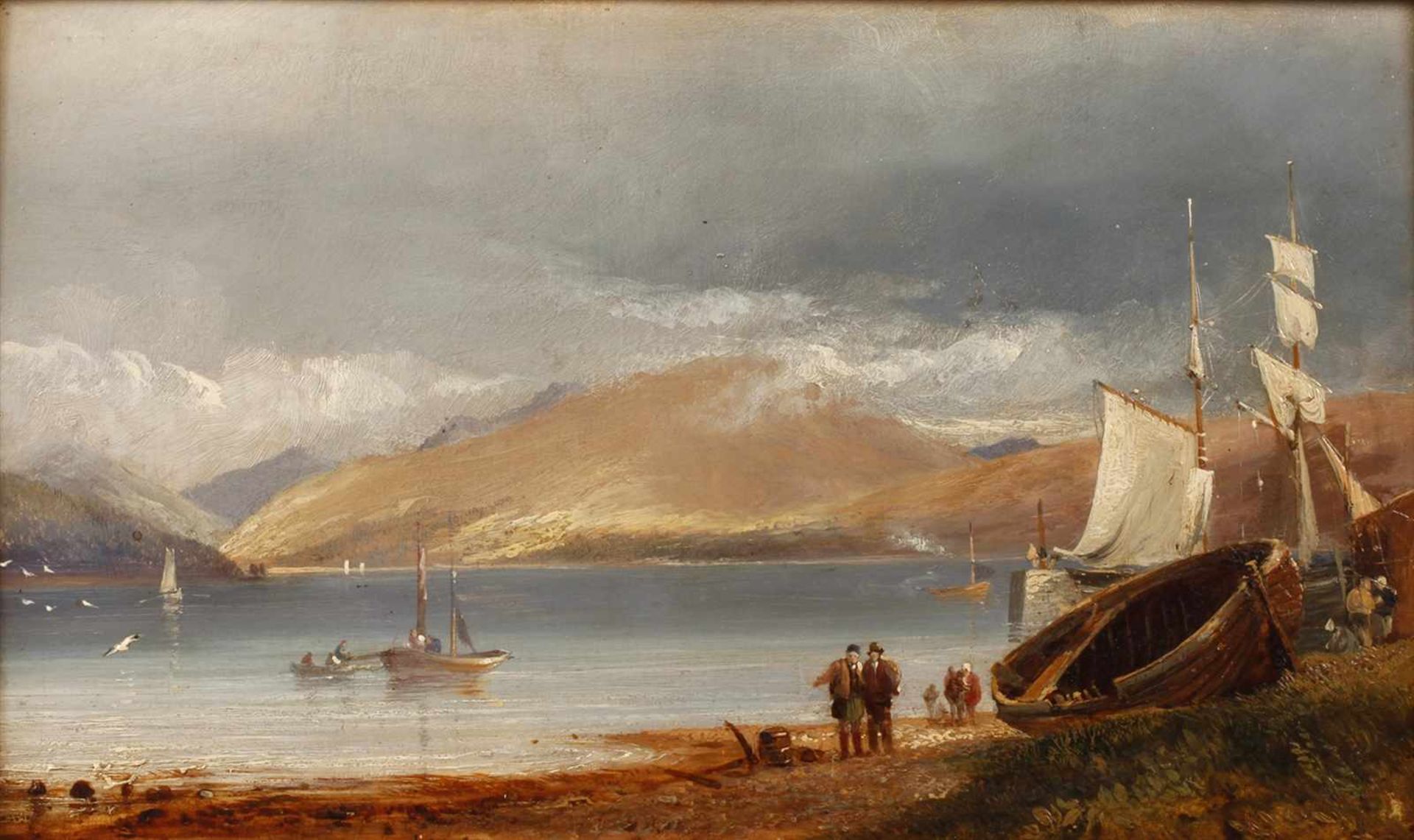 Samuel Bough, attr. Fischer am Strandzwischen Bergen gelegener See, mit einigen Segelbooten und im