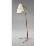 Stehlampe wohl Wien, 1950er Jahre, Gestell aus zaponiertem Messing mit braunem Wildlederbezug,