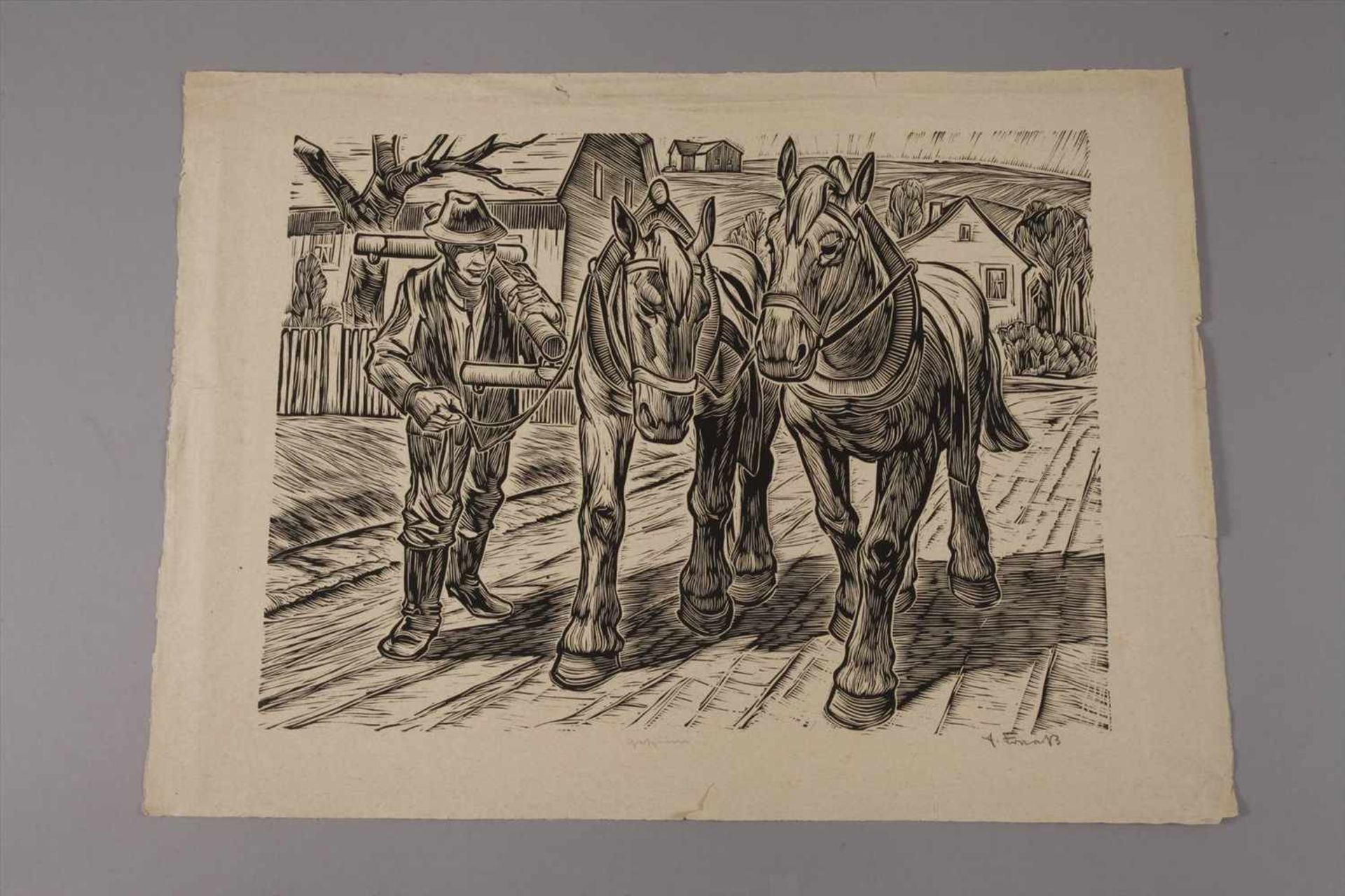Prof. Erich Fraaß, Auf dem HeimwegBauer mit zwei Pferden, auf der Straße entlang schreitend, - Bild 3 aus 3