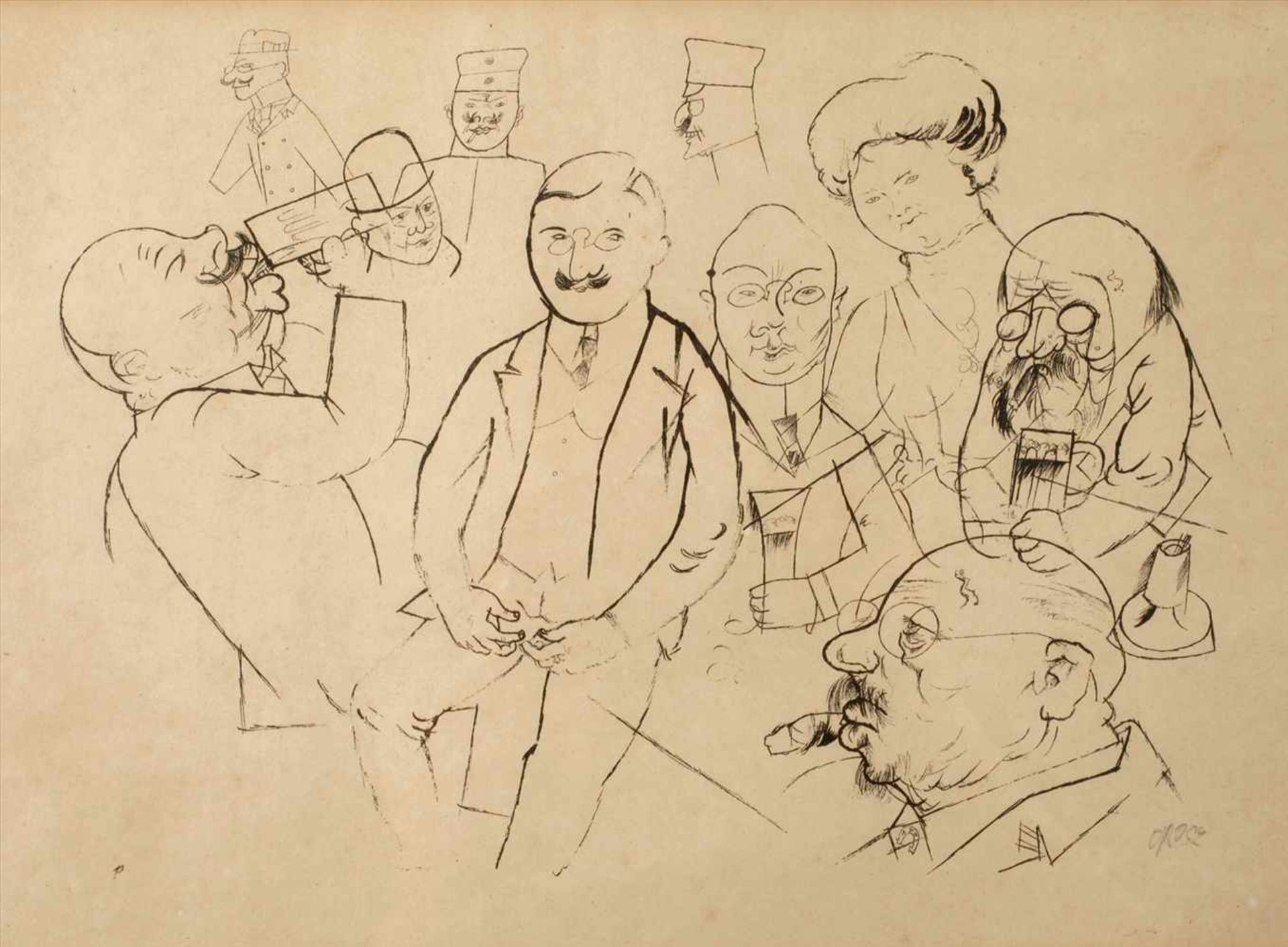 George Grosz, Die TrinkerGruppe von Herren beim Umtrunk im Hintergrund von Schutzmännern beobachtet,