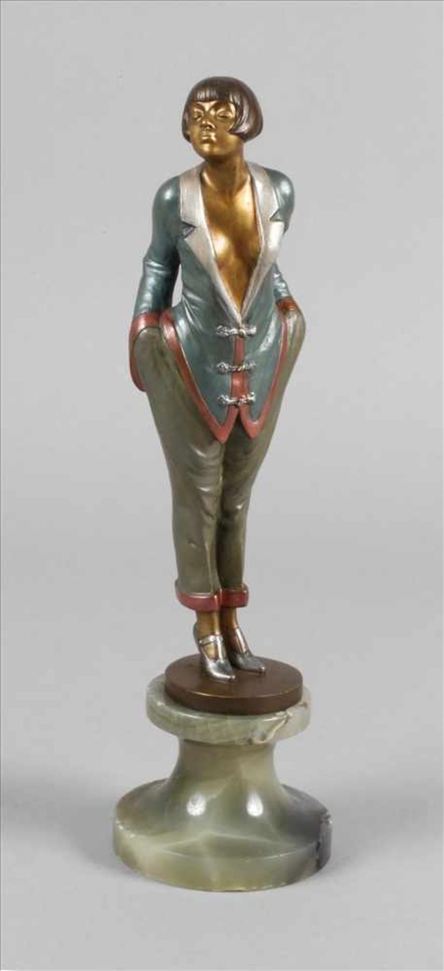 Josef Lorenzl, Modedame1. Drittel 20. Jh., signiert, Bronze polychrom in Kaltbemalung staffiert,