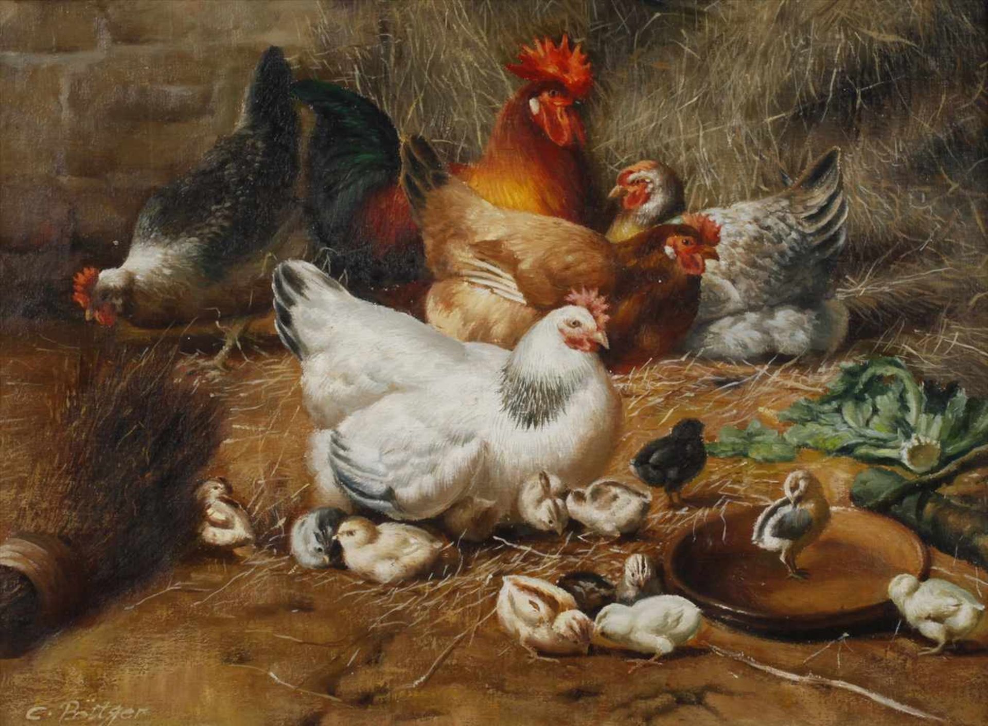 C. Böttger, Geflügelidyllprächtiger Hahn mit Hennen und Küken im Stall, fein lasierende, teils