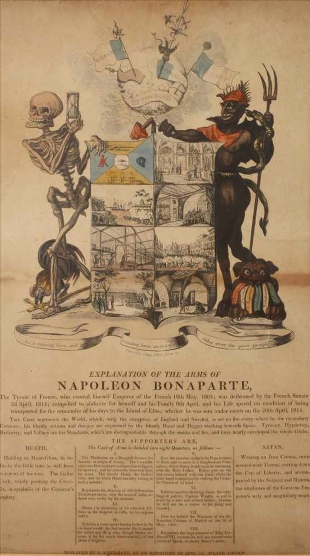 Karikatur auf Napoleon,verunglimpfende Darstellung der Politik Napoleons, im unteren Bereich Text