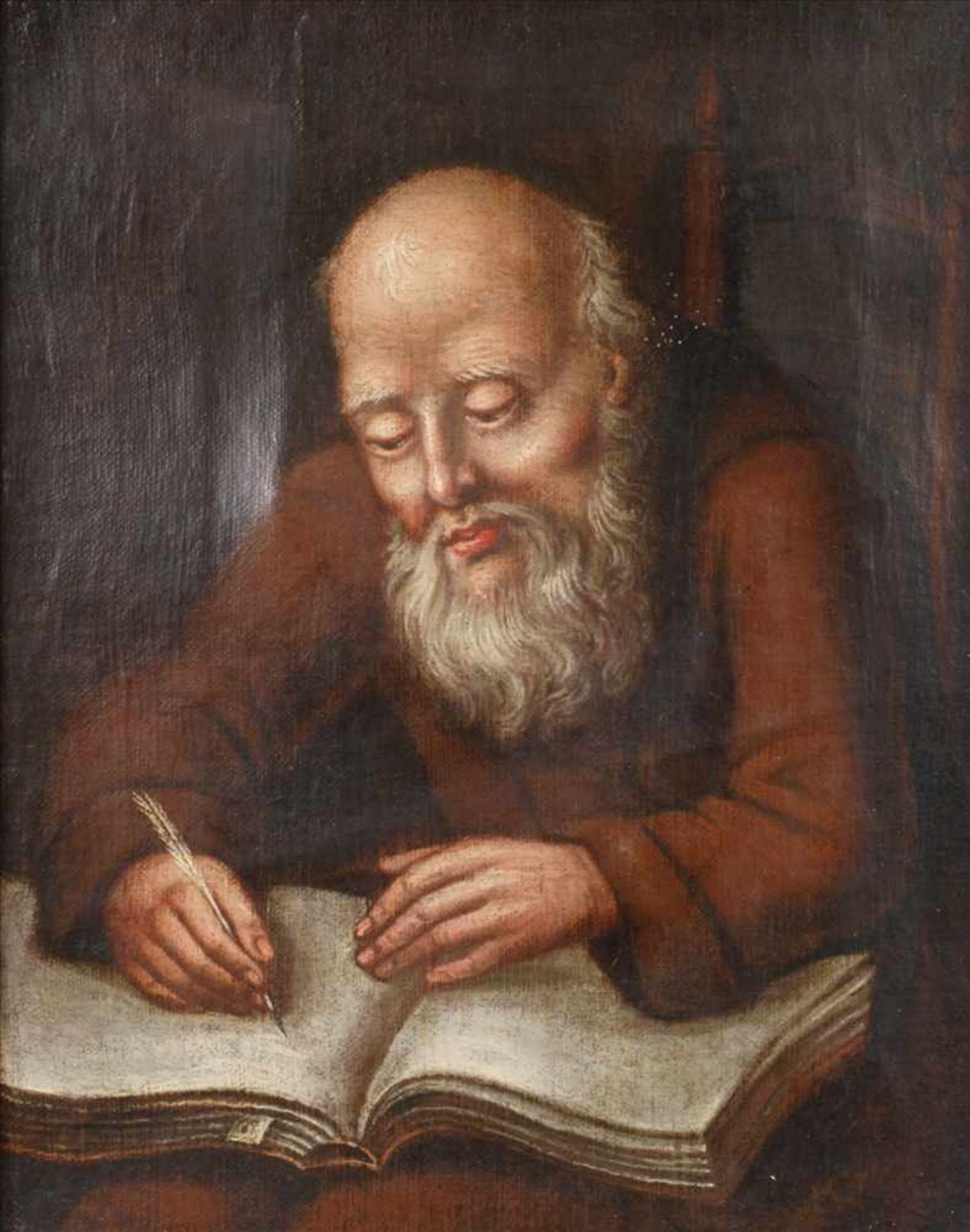 Schreibender Mönch Halbfigurenportrait eines kahlköpfigen alten Mannes mit weißem Bart und brauner