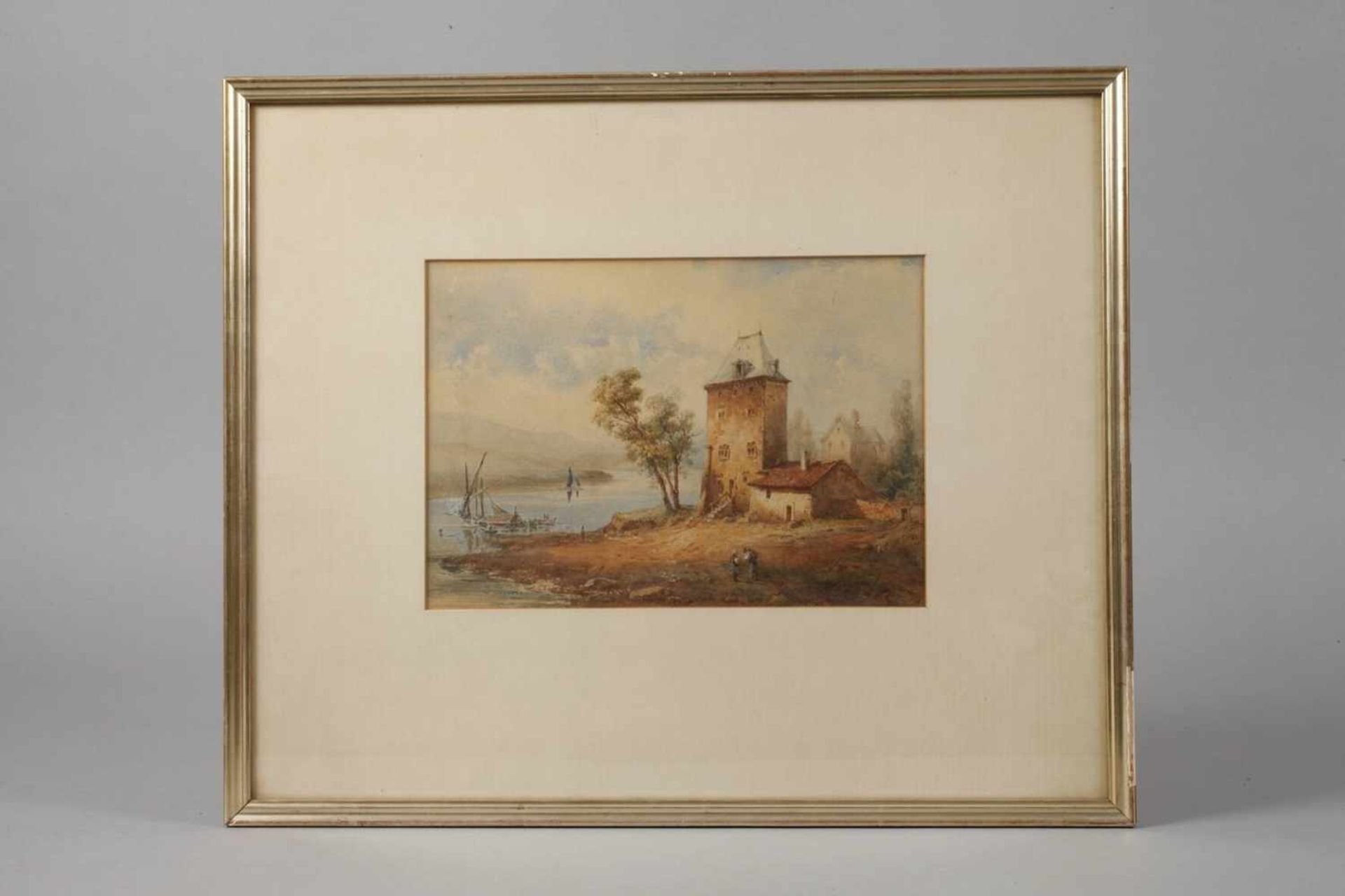 Paar Zeichnungen Wohnturm am Fluss und einsame Mühle, Aquarelle, 2. Hälfte 19. Jh., ein Blatt - Bild 2 aus 4