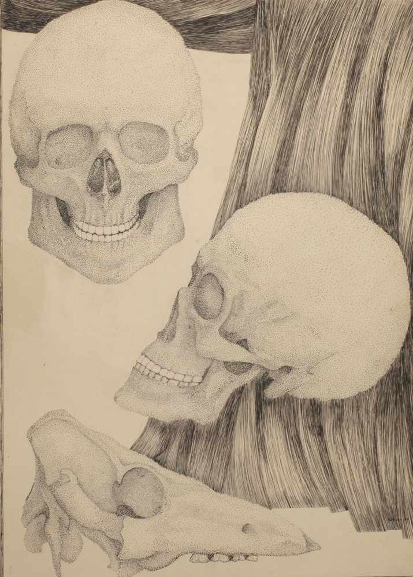Memento moriKomposition aus zwei menschlichen Schädeln und einem Tierschädel, Kugelschreiber auf