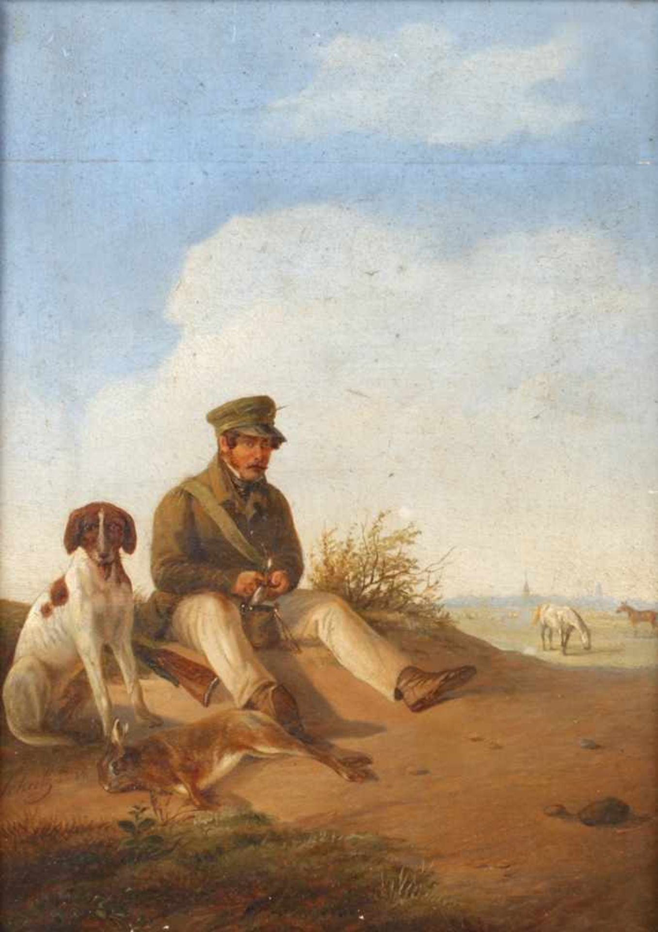 J. Schick, Nach der Jagdsitzender Jäger mit Hund und einem vor ihnen liegenden erlegten Hasen, mit