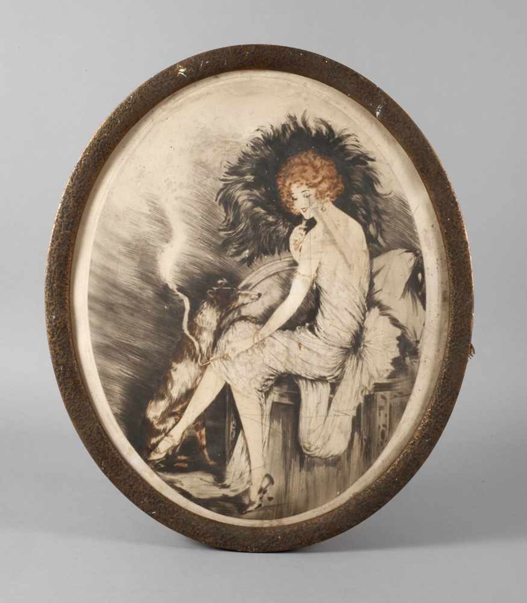 Louis Icart, attr., Dame mit Hundschlanke, elegant gekleidete, Zigarette rauchende junge Frau mit