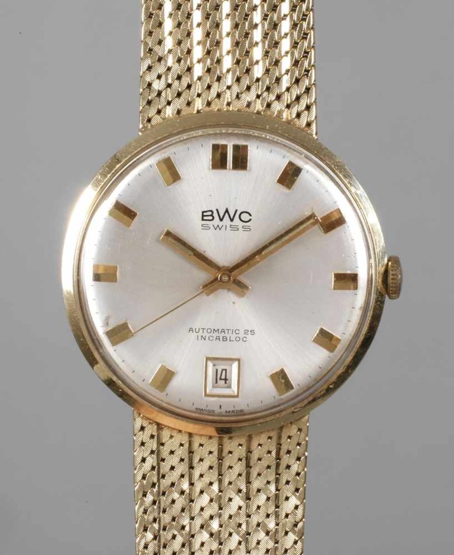 Armbanduhr GoldMarke BWC, Schweiz, 1960er Jahre, Armband und Gehäuse aus 14 K Gelbgold,