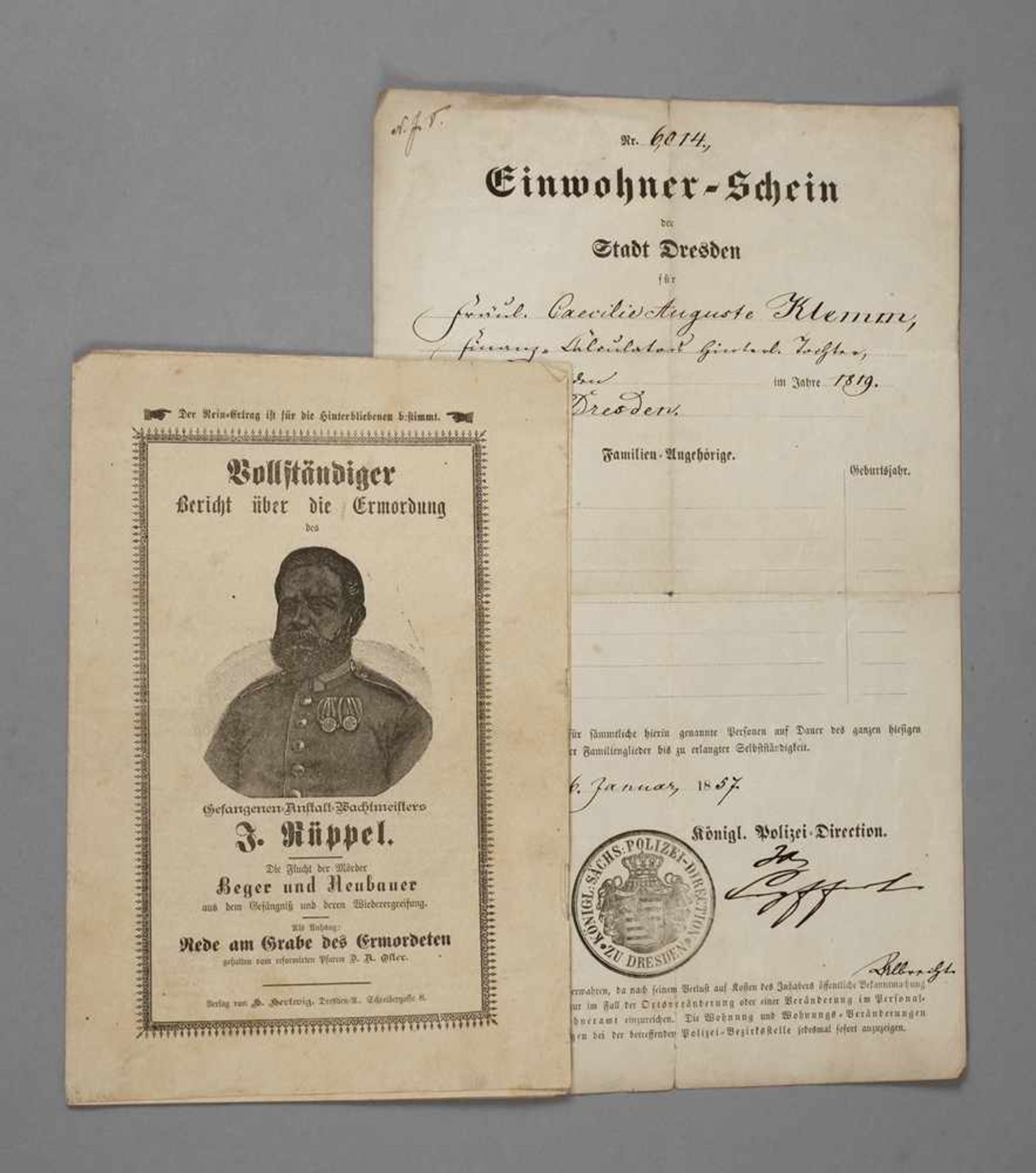 Zwei Dokumente DresdenEinwohnerschein Stadt Dresden 1857 und Vollständiger Bericht über die