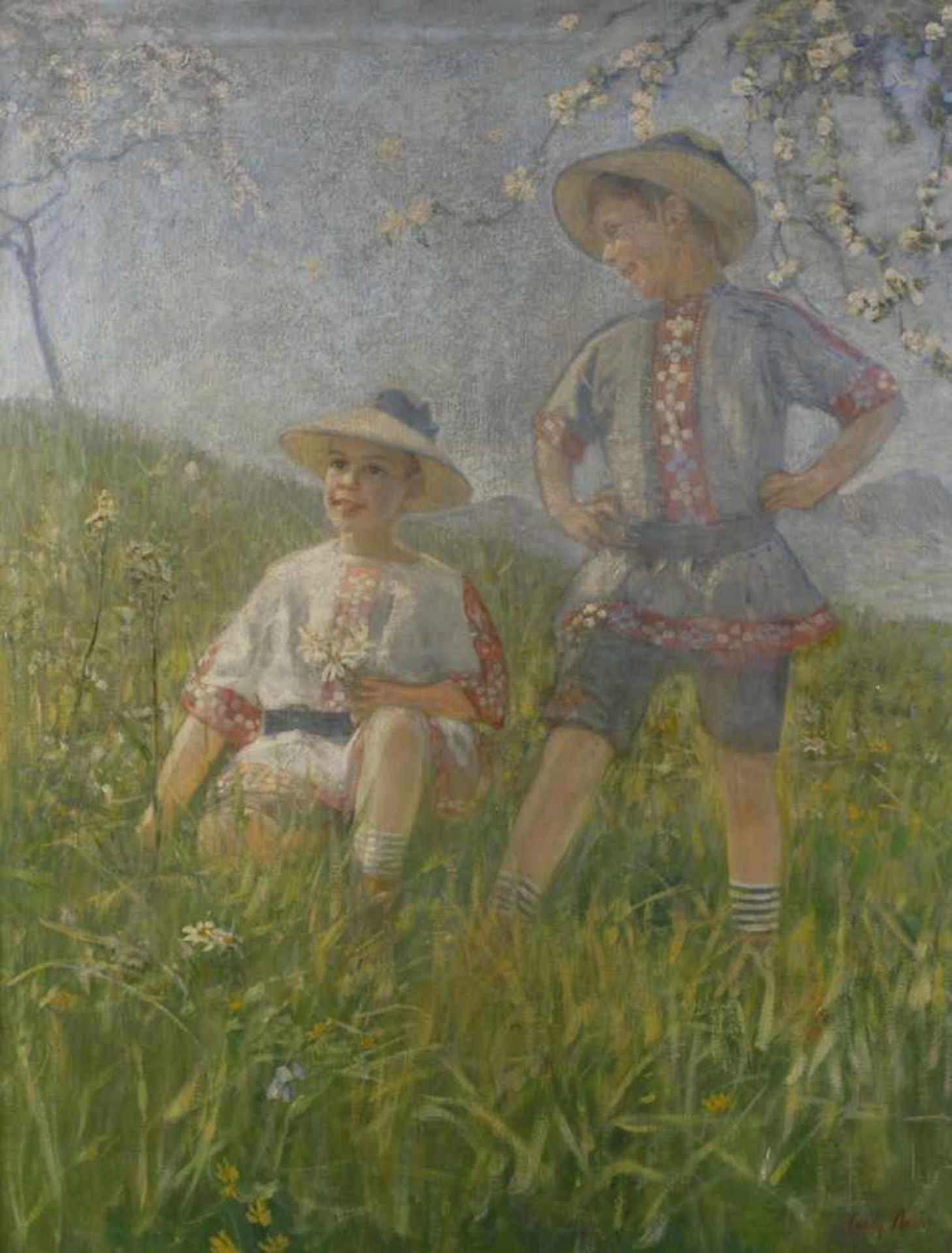 Ludwig Biehr, Kinder auf blühender Wiesezwei Jungen in Trachtenhemden mit Strohhüten, unter