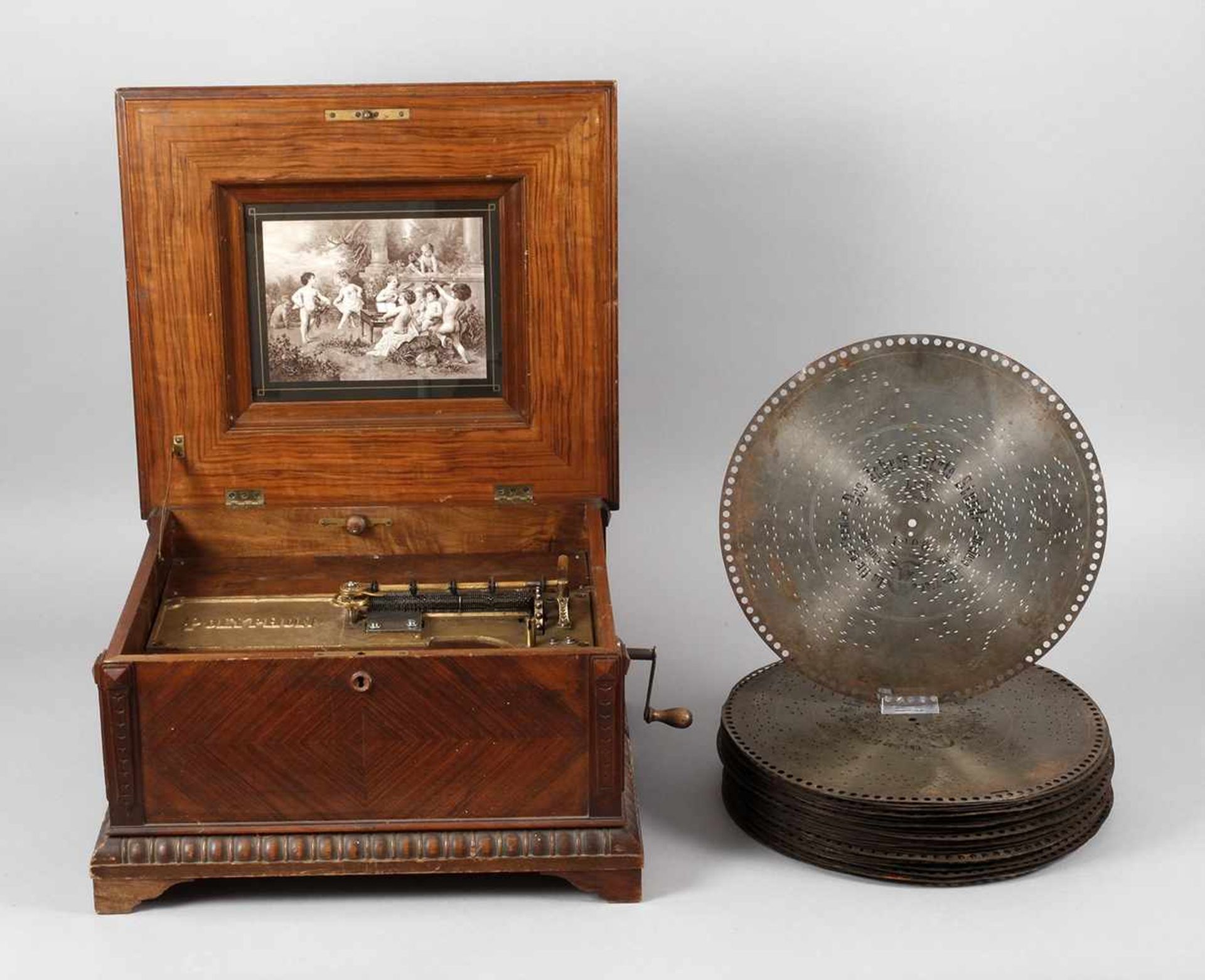 Große Plattenspieldose Polyphonum 1890, gemarkt, Seriennummer 121998?, palisanderfurniertes Gehäuse,