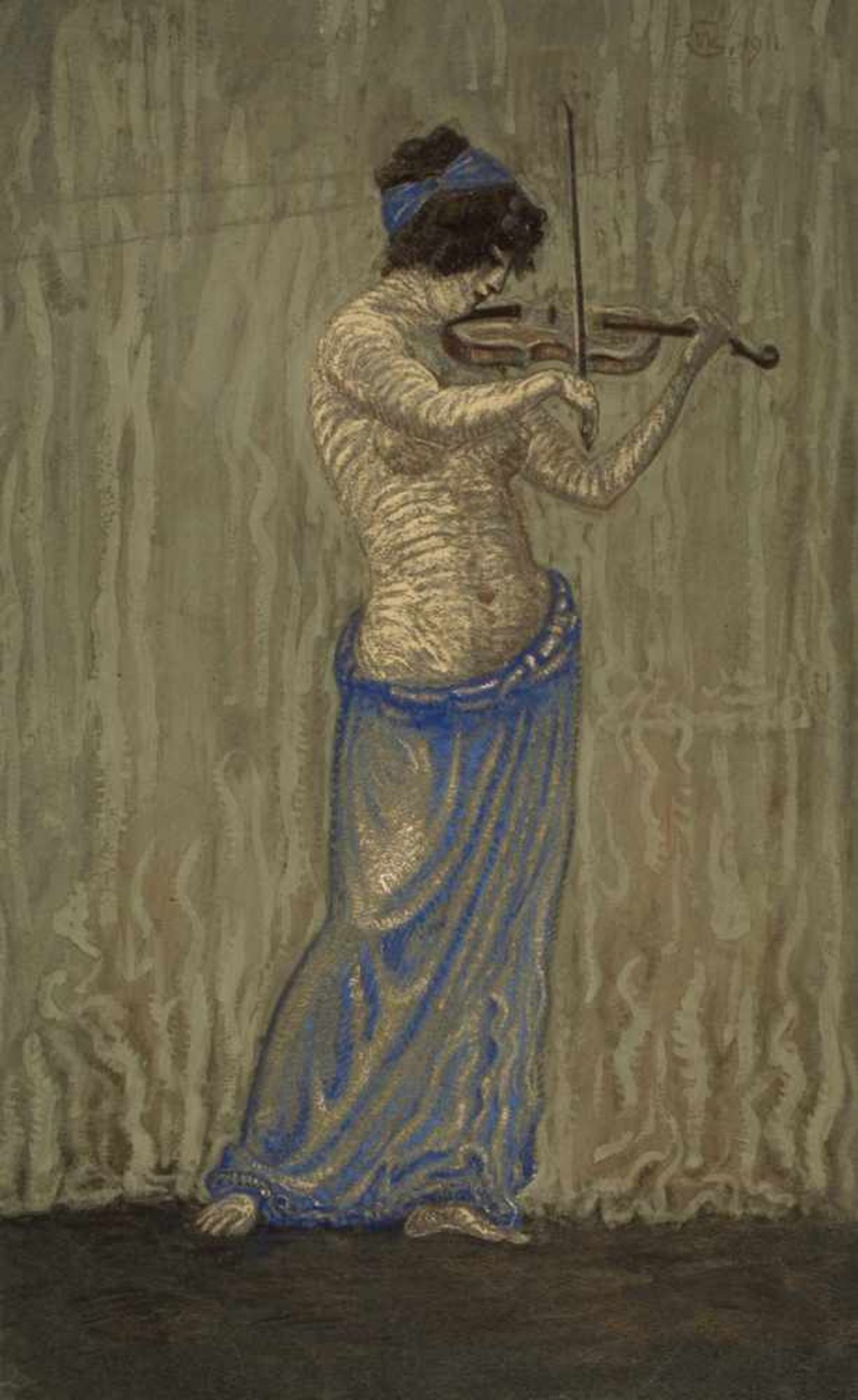 Walther Gasch, Geigenspielerinstehende, leicht bekleidete Frau beim Geigenspiel, Mischtechnik auf