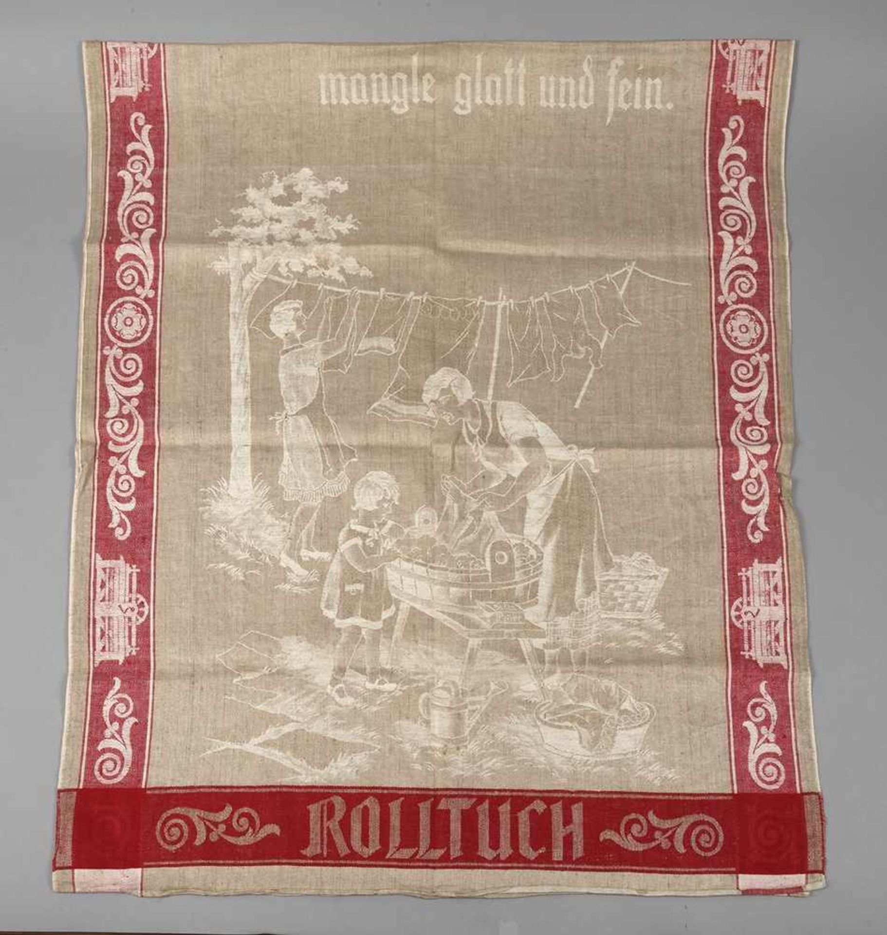 Rolltuchum 1920, naturfarbener Leinen mit eingewebten roten Fäden, Umschrift „Willst du eigen sein