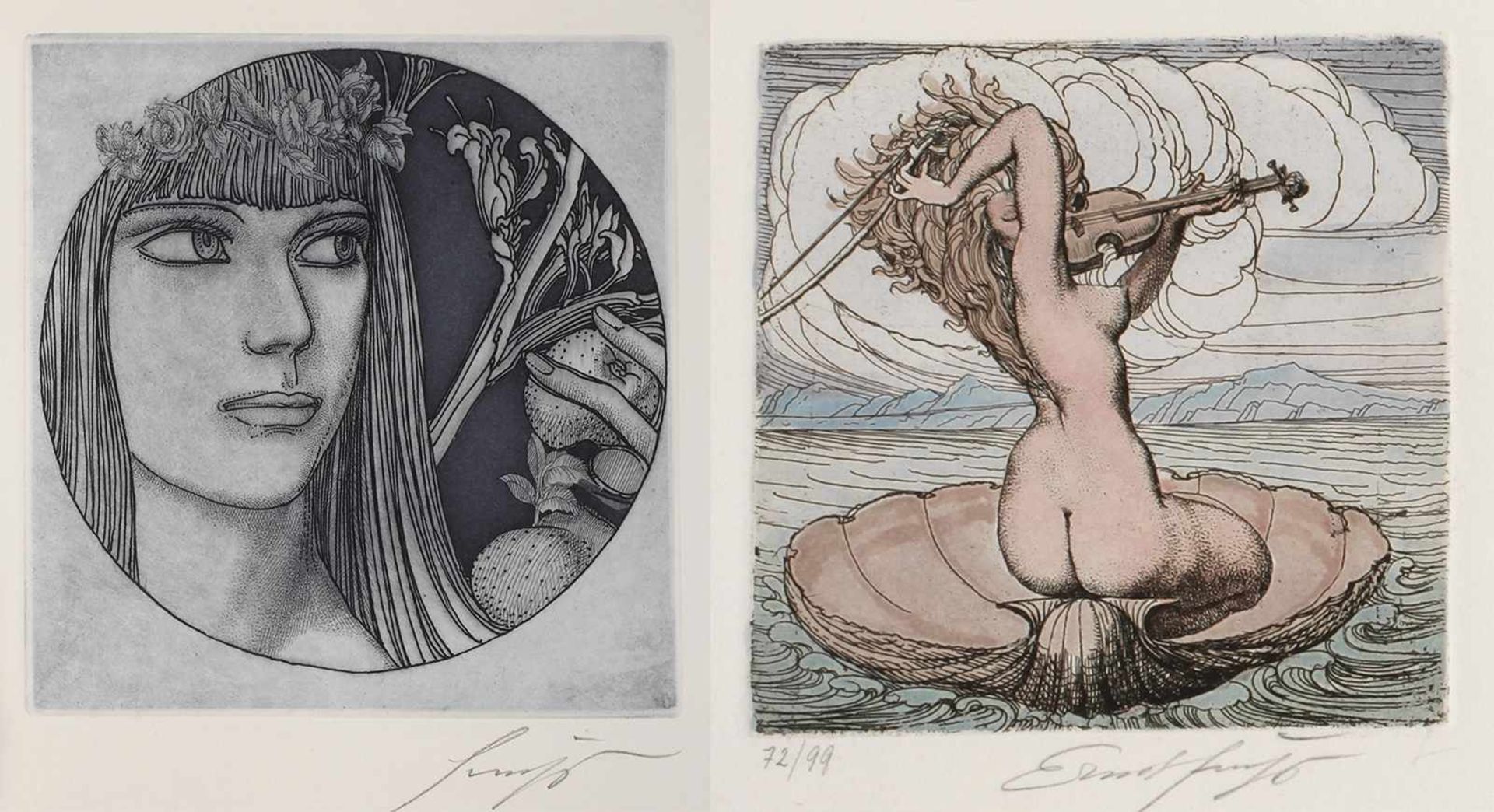 Prof. Ernst Fuchs, Paar Radierungen„Die geigende Venus“ und „Aura (Eva Vignetta)“, zwei Blatt