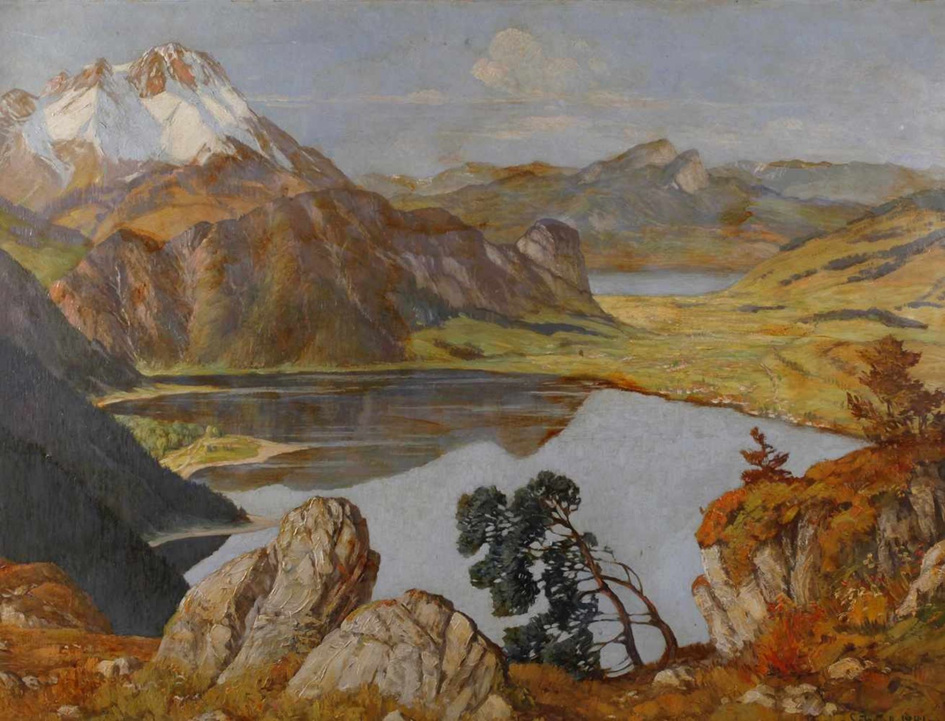 Georg Schödl, Am BergseeBlick von einer Anhöhe in imposante frühlingshafte Hochgebirgslandschaft mit