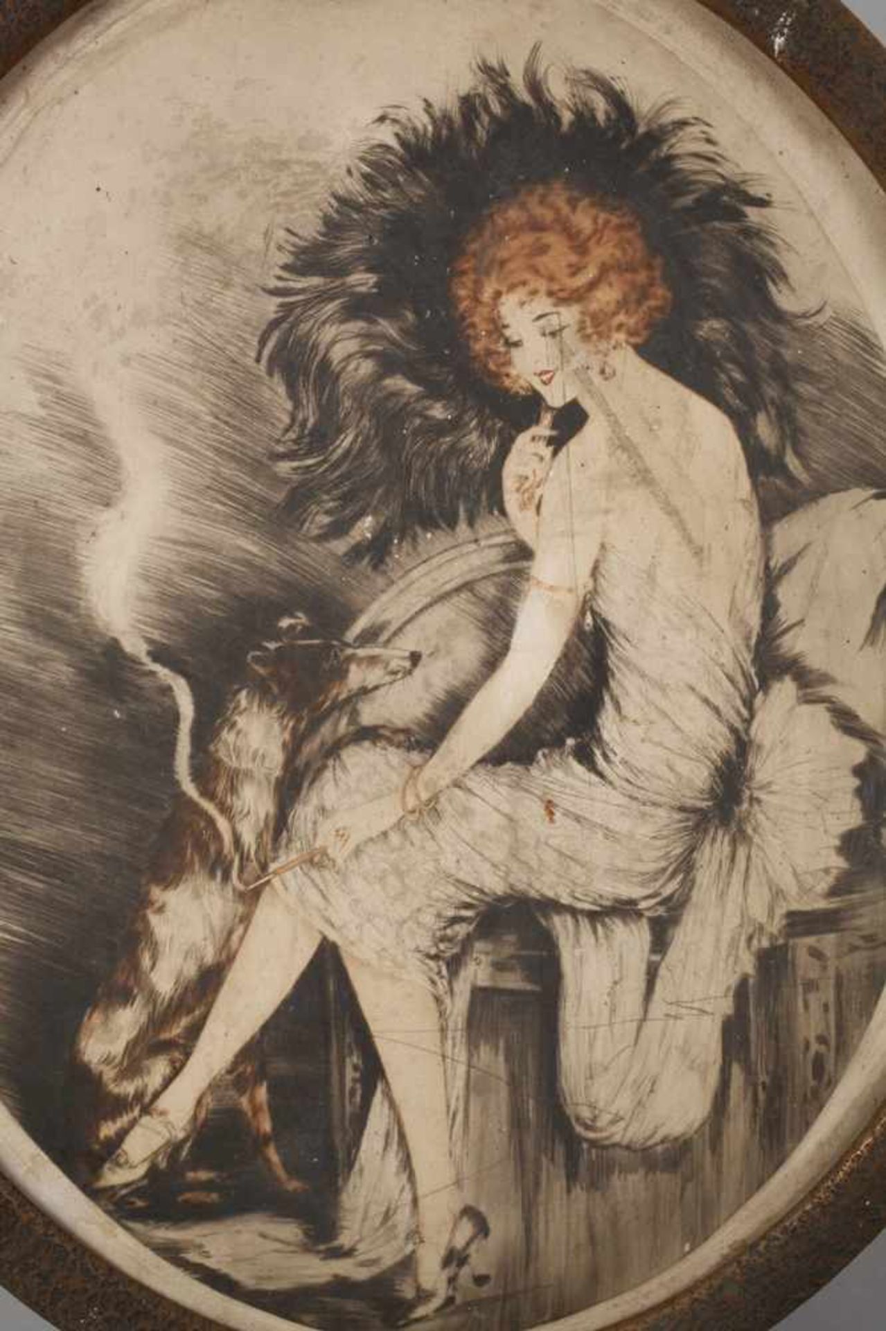 Louis Icart, attr., Dame mit Hundschlanke, elegant gekleidete, Zigarette rauchende junge Frau mit - Bild 2 aus 4