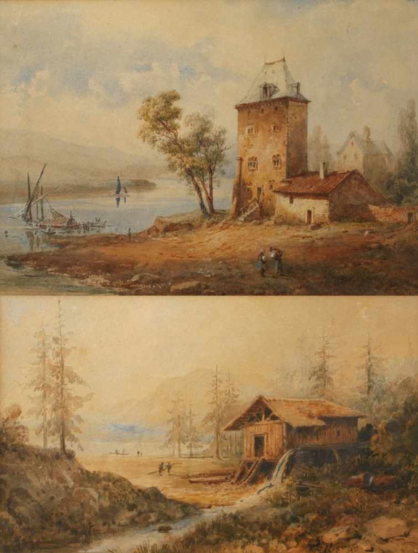 Paar Zeichnungen Wohnturm am Fluss und einsame Mühle, Aquarelle, 2. Hälfte 19. Jh., ein Blatt