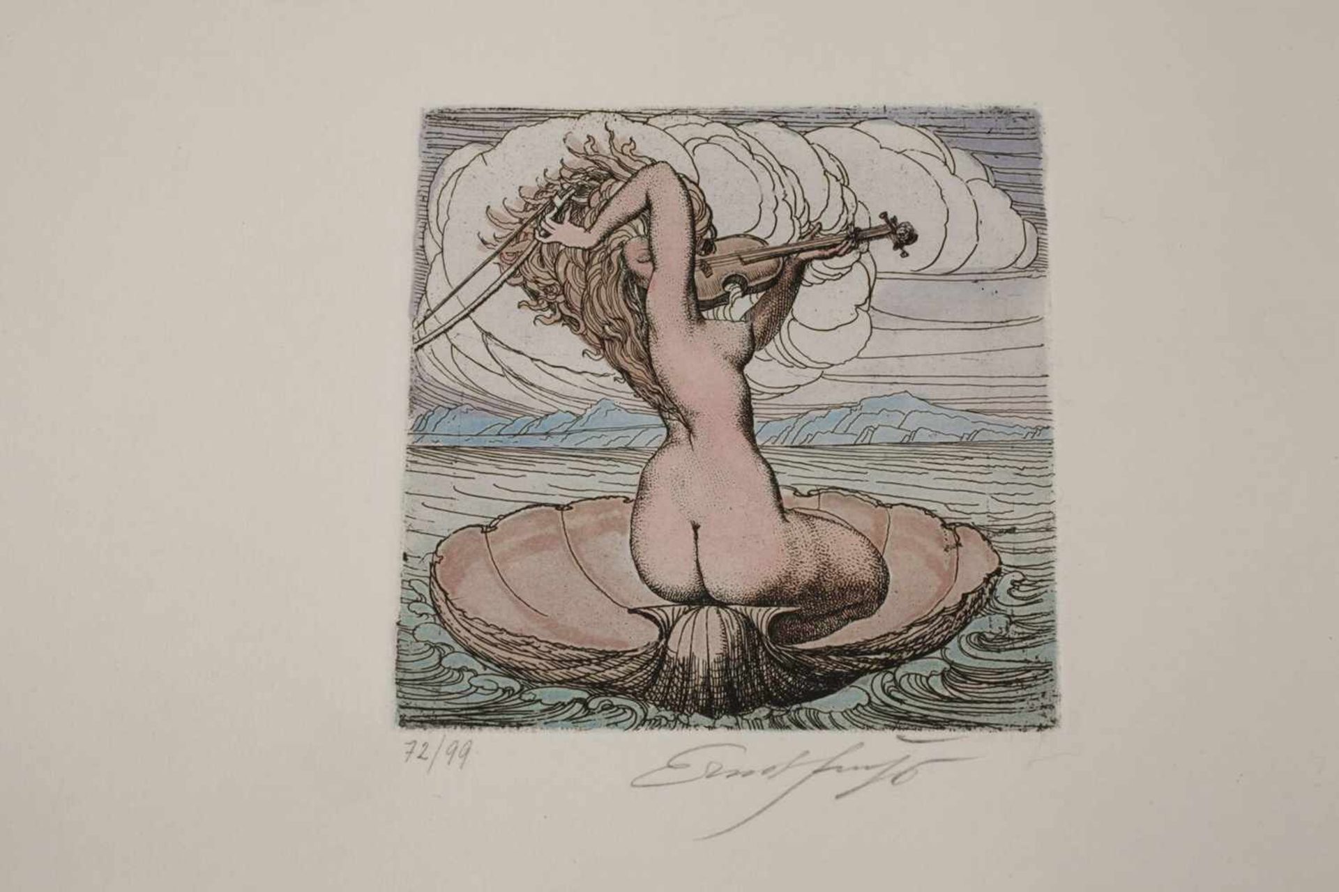 Prof. Ernst Fuchs, Paar Radierungen„Die geigende Venus“ und „Aura (Eva Vignetta)“, zwei Blatt - Bild 2 aus 4