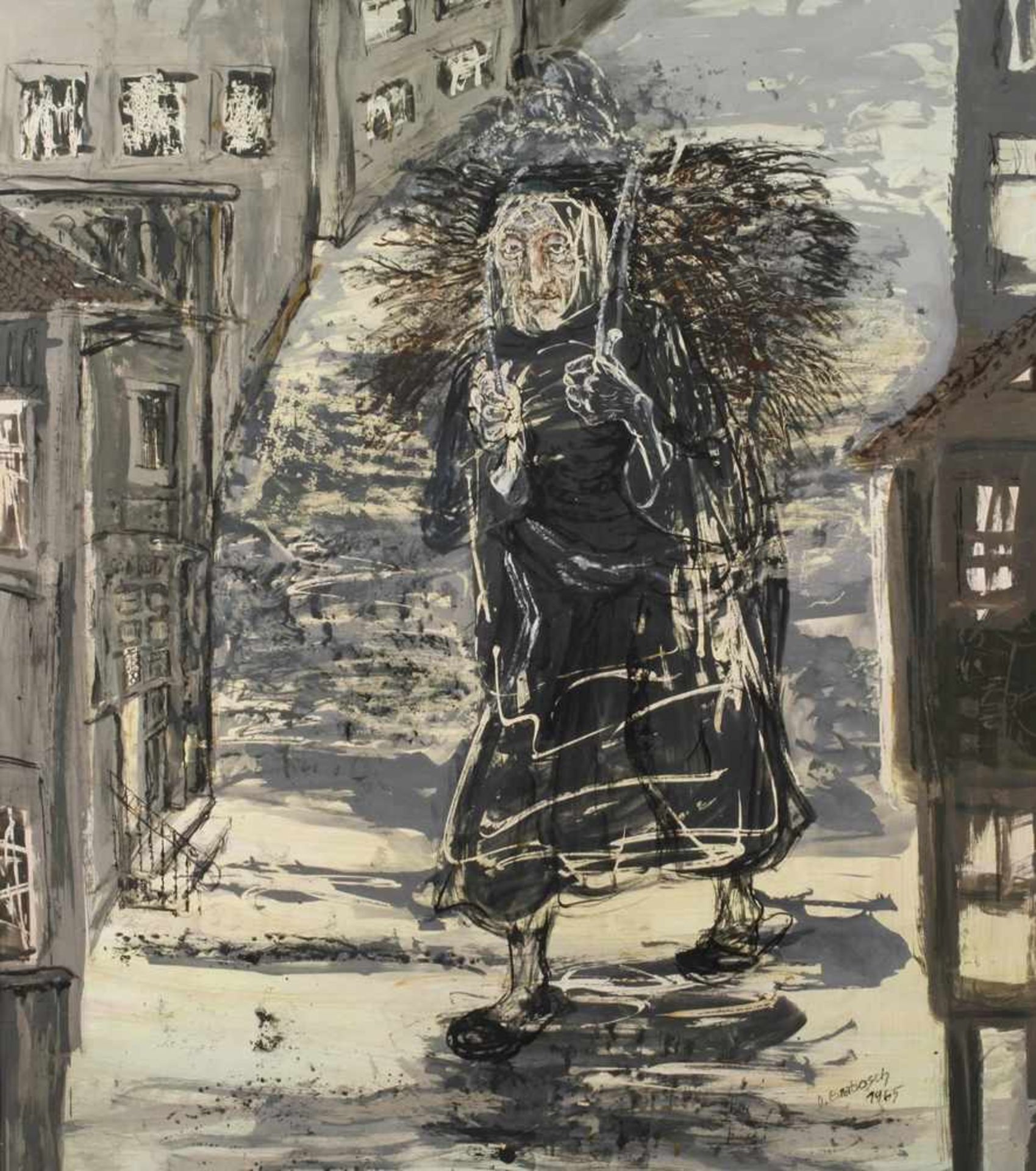 Dora Grabosch, "Regennasse Strasse"abstrahierte Darstellung einer alten Frau mit Reisigkiepe in
