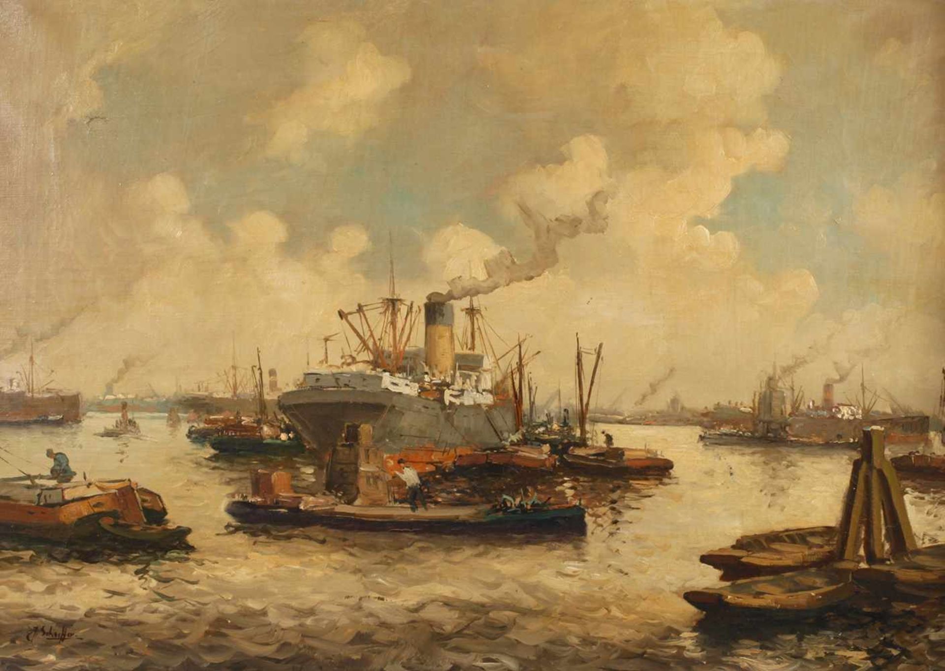 C. Schorffer, "Hamburger Hafen"Blick in das Hafenbecken mit zahlreichen Dampfern und kleineren