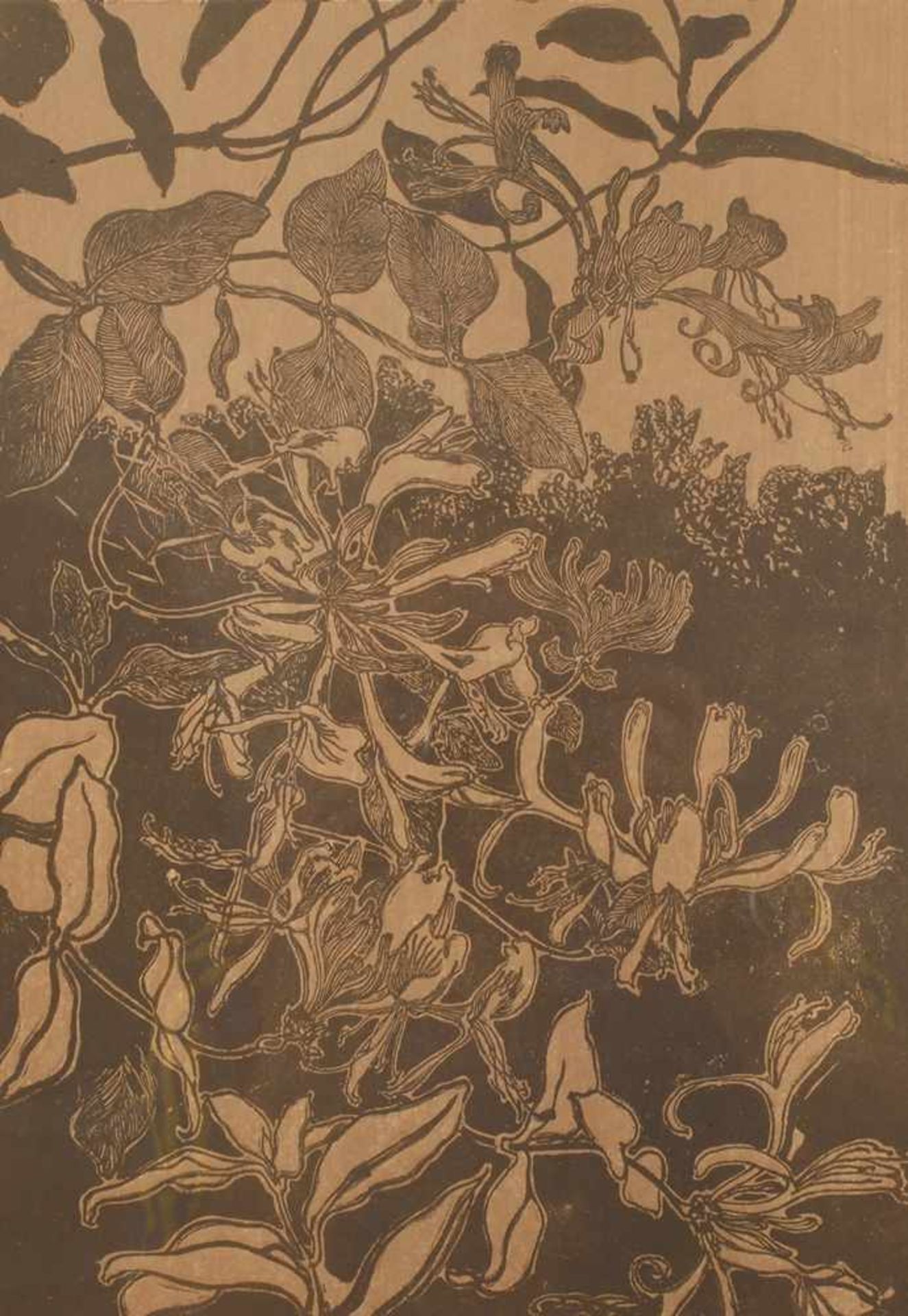 Prof. Arthur Illies, Blütenzarte filigrane Blüten vor Buschwerk, Farblinolschnitt, um 1900, unter