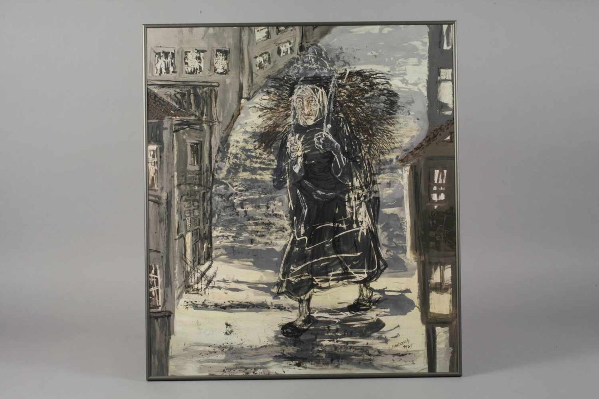 Dora Grabosch, "Regennasse Strasse"abstrahierte Darstellung einer alten Frau mit Reisigkiepe in - Bild 2 aus 4