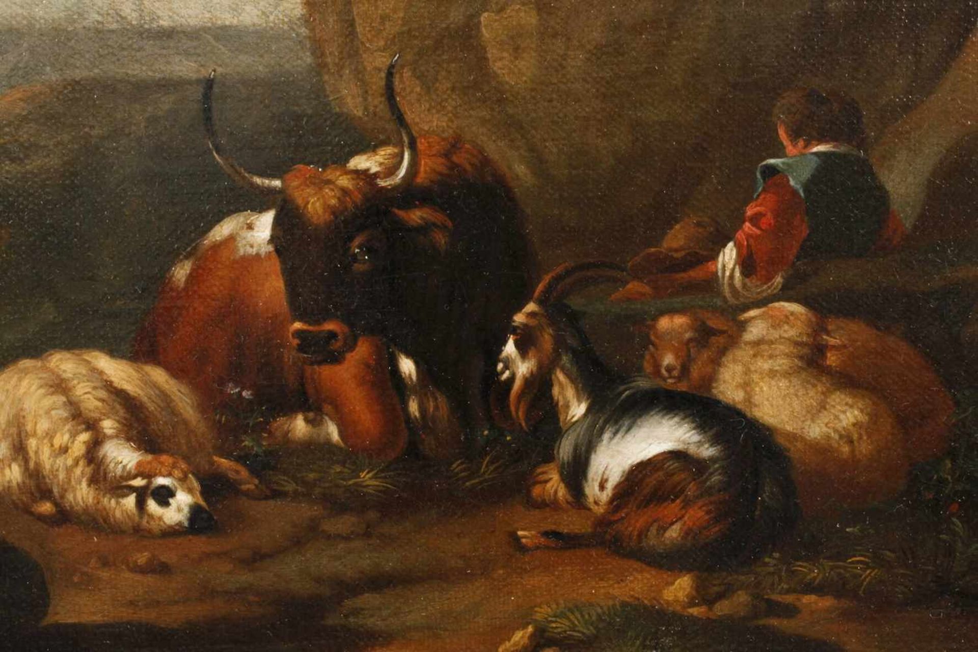 Johann Heinrich Roos, Zwei HirtenlandschaftenPendants mit lagernden Hirten, mit ihren Herden, auf - Bild 7 aus 9