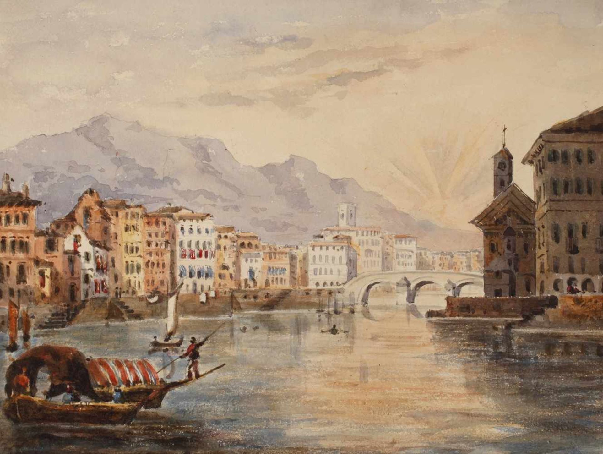 C. Mott, "Pisa"Blick entlang des Arno auf Pisa im Licht der aufgehenden Sonne, Aquarell, Ende 19.