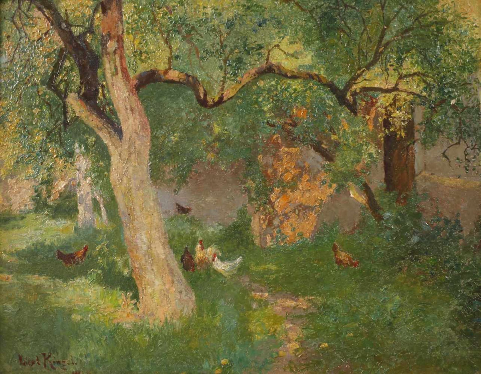 Liesl Kinzel, Hühner im Gartenidyllische sommerliche Gartenecke mit Hühnern im Schatten knorriger