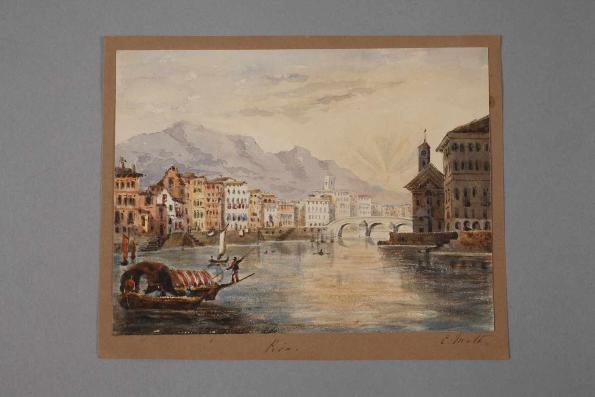 C. Mott, "Pisa"Blick entlang des Arno auf Pisa im Licht der aufgehenden Sonne, Aquarell, Ende 19. - Bild 2 aus 4