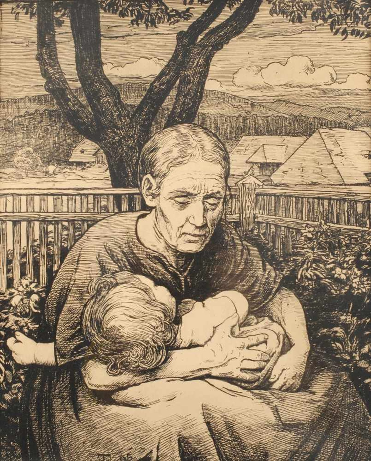 Prof. Hans Thoma, Bauernmuttererschöpfte Mutter ihr Kind auf dem Schoß haltend, Algraphie, im Medium