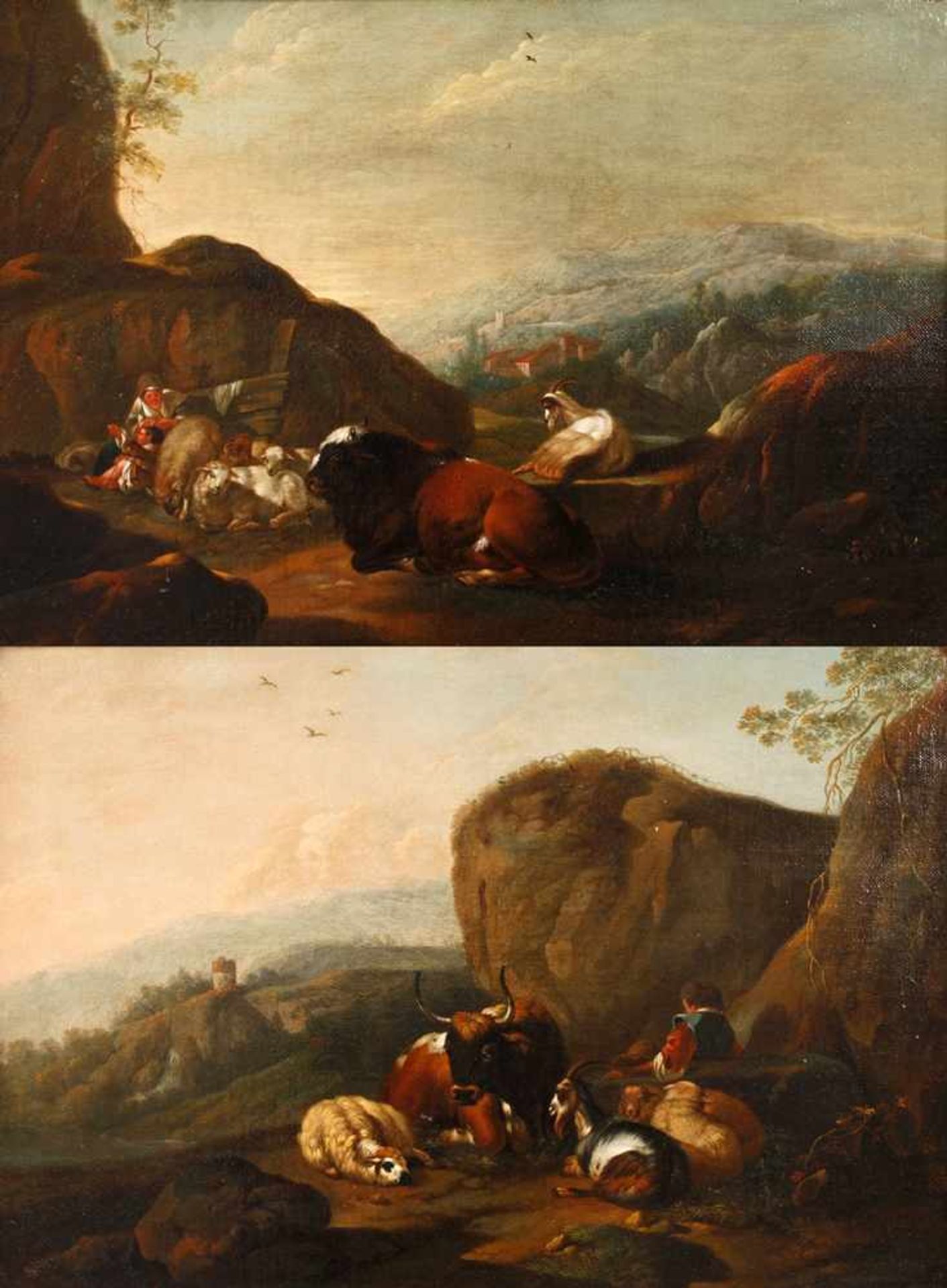 Johann Heinrich Roos, Zwei HirtenlandschaftenPendants mit lagernden Hirten, mit ihren Herden, auf
