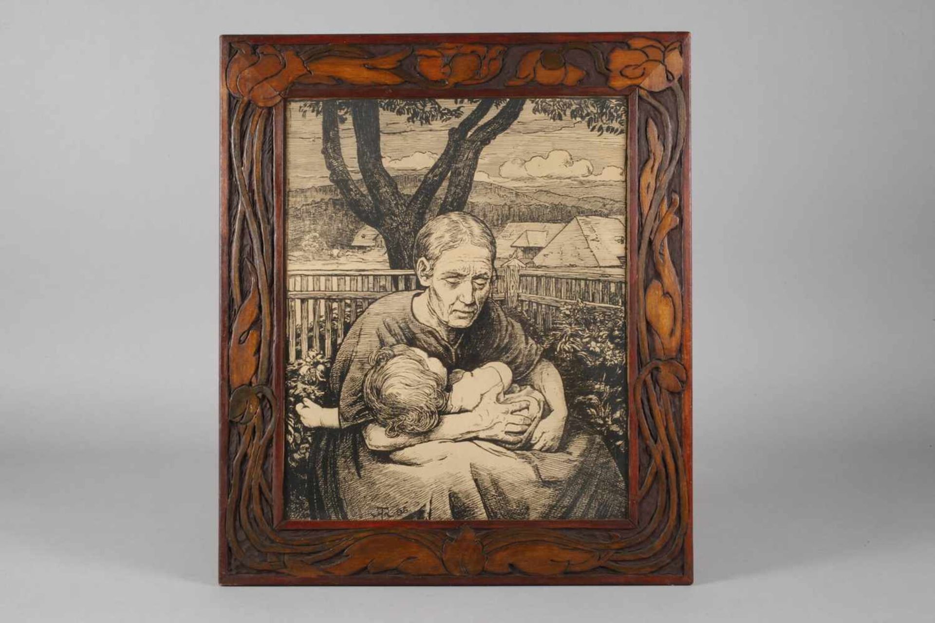 Prof. Hans Thoma, Bauernmuttererschöpfte Mutter ihr Kind auf dem Schoß haltend, Algraphie, im Medium - Bild 2 aus 4