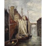 Henri Leopold GIRARDET (1848 - 1917). "Paris 1887". Hinterwasser mit Frachtschiffen.70 cm x 54 cm.