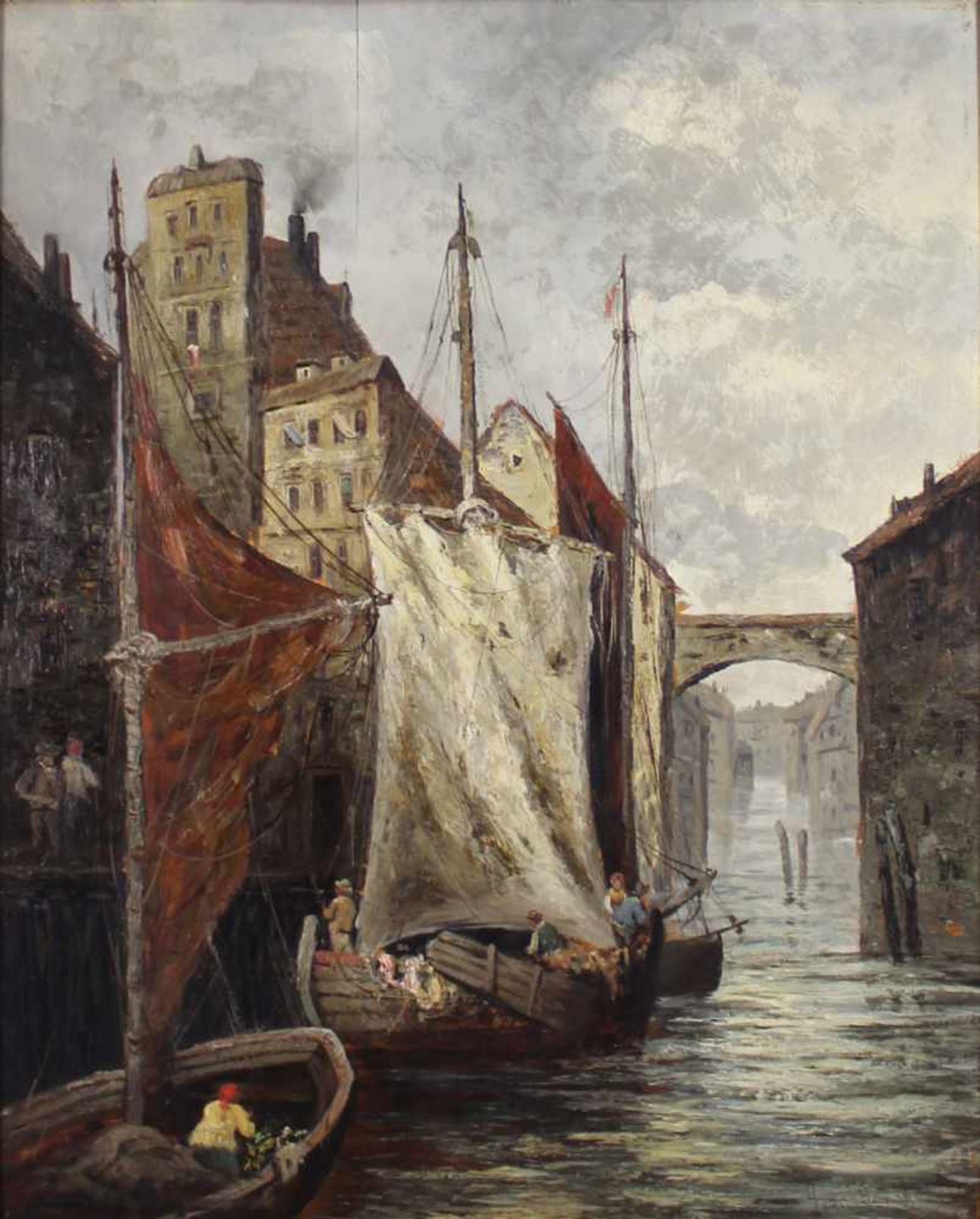 Henri Leopold GIRARDET (1848 - 1917). "Paris 1887". Hinterwasser mit Frachtschiffen.70 cm x 54 cm.