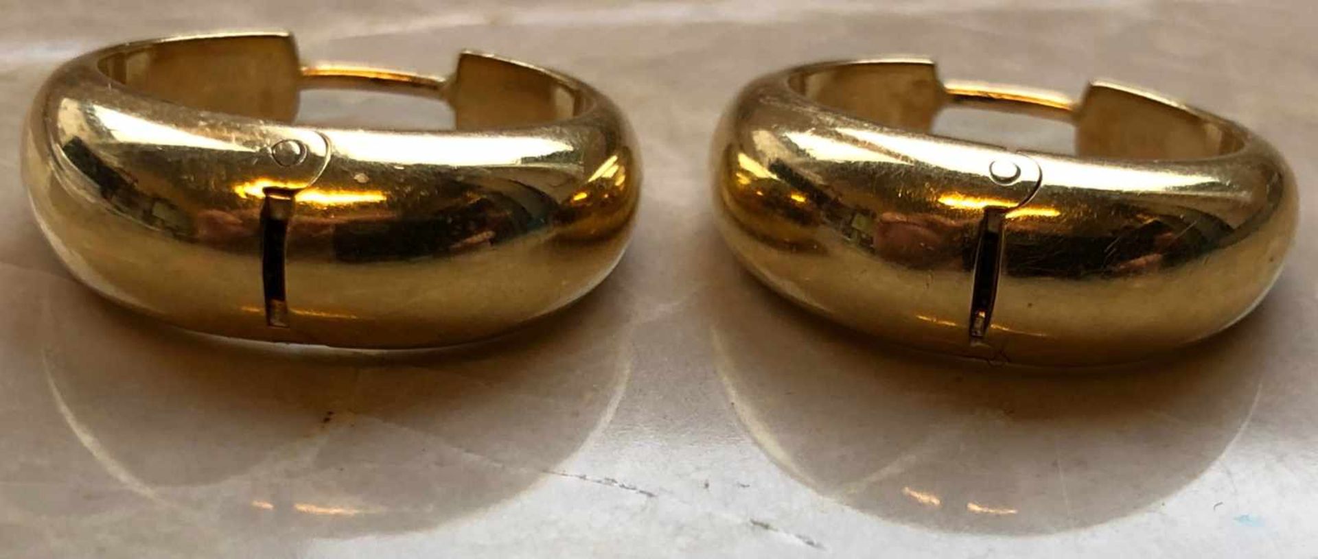 Paar Ohrringe Gold 750. Handarbeit. Marken.9,5 Gramm. 22 mm Durchmesser.Pair of earrings 750 gold. - Bild 2 aus 6