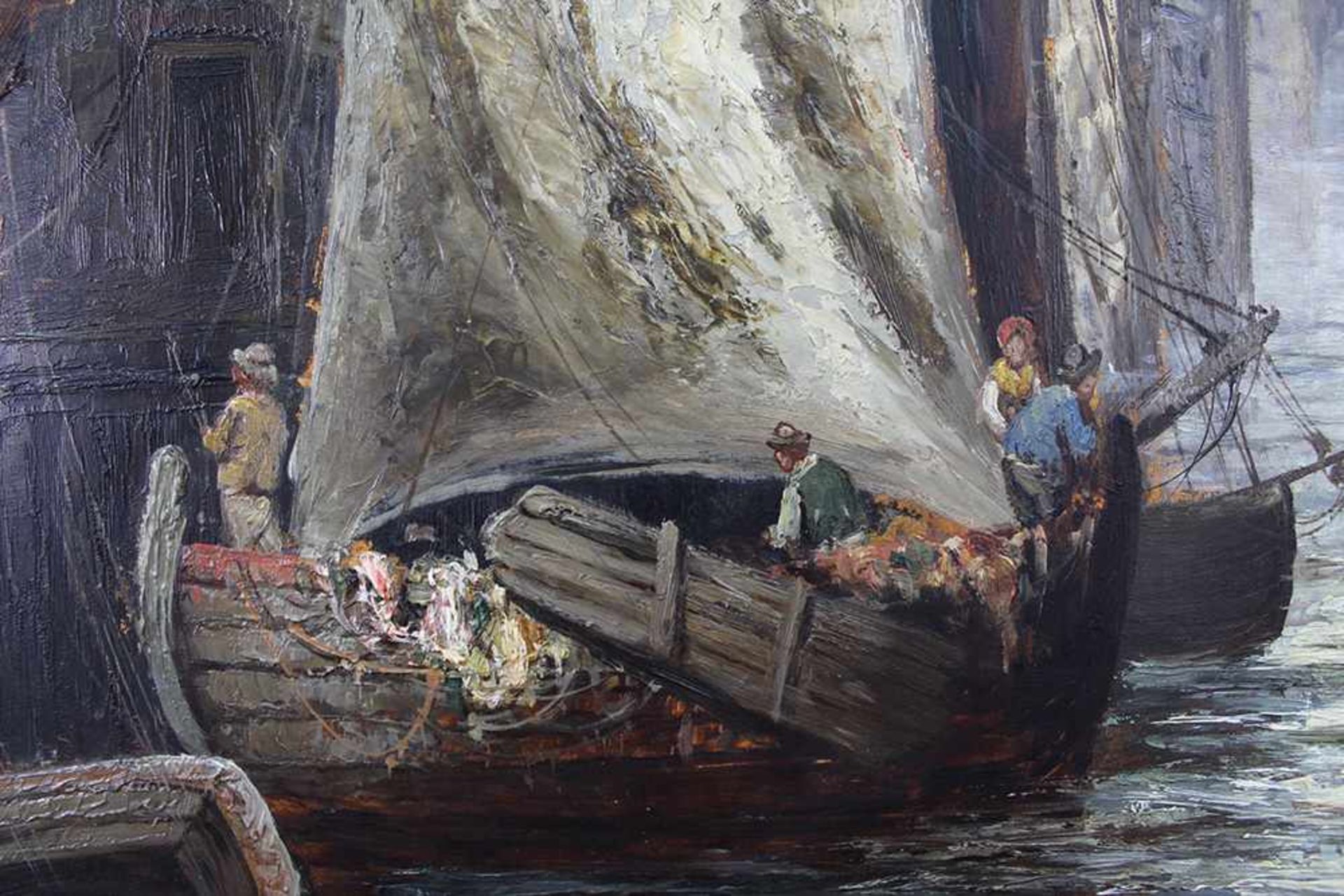 Henri Leopold GIRARDET (1848 - 1917). "Paris 1887". Hinterwasser mit Frachtschiffen.70 cm x 54 cm. - Image 5 of 8