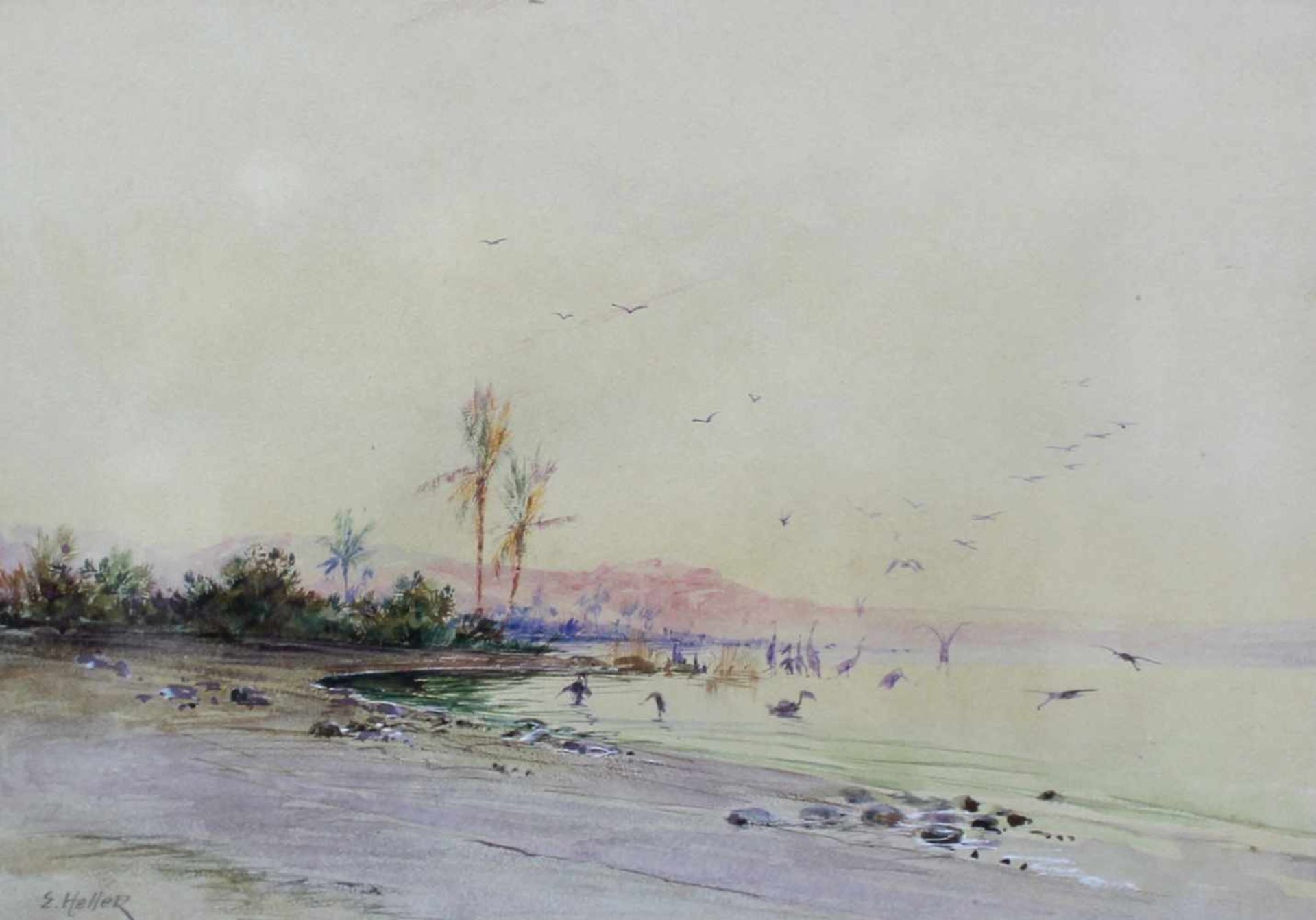 Eduard HELLER (1852 -?). Der Nil bei Assuan. Orient.23 cm x 32 cm im Ausschnitt. Gemälde.
