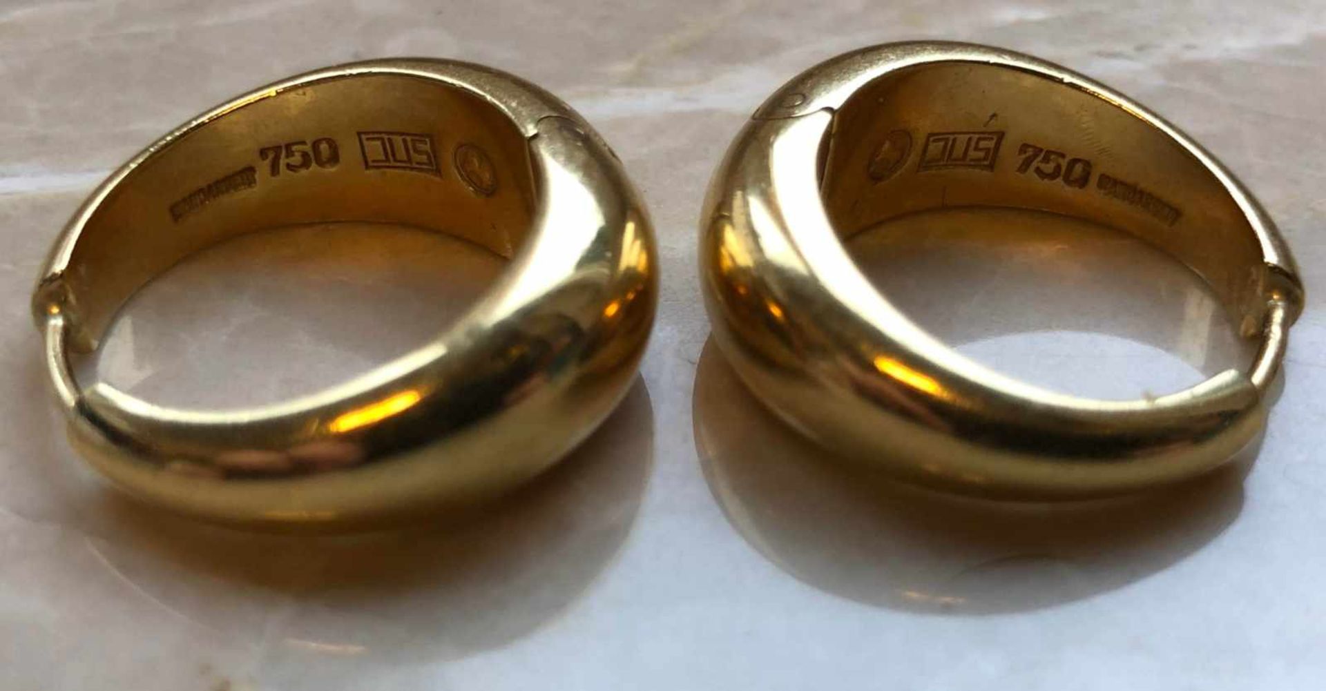 Paar Ohrringe Gold 750. Handarbeit. Marken.9,5 Gramm. 22 mm Durchmesser.Pair of earrings 750 gold. - Bild 3 aus 6