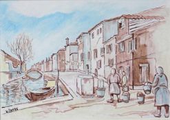 Willi POST (1912 - 1990). Calle in Burano / Murano bei Venedig, Italien. 1985.45 cm x 63 cm.