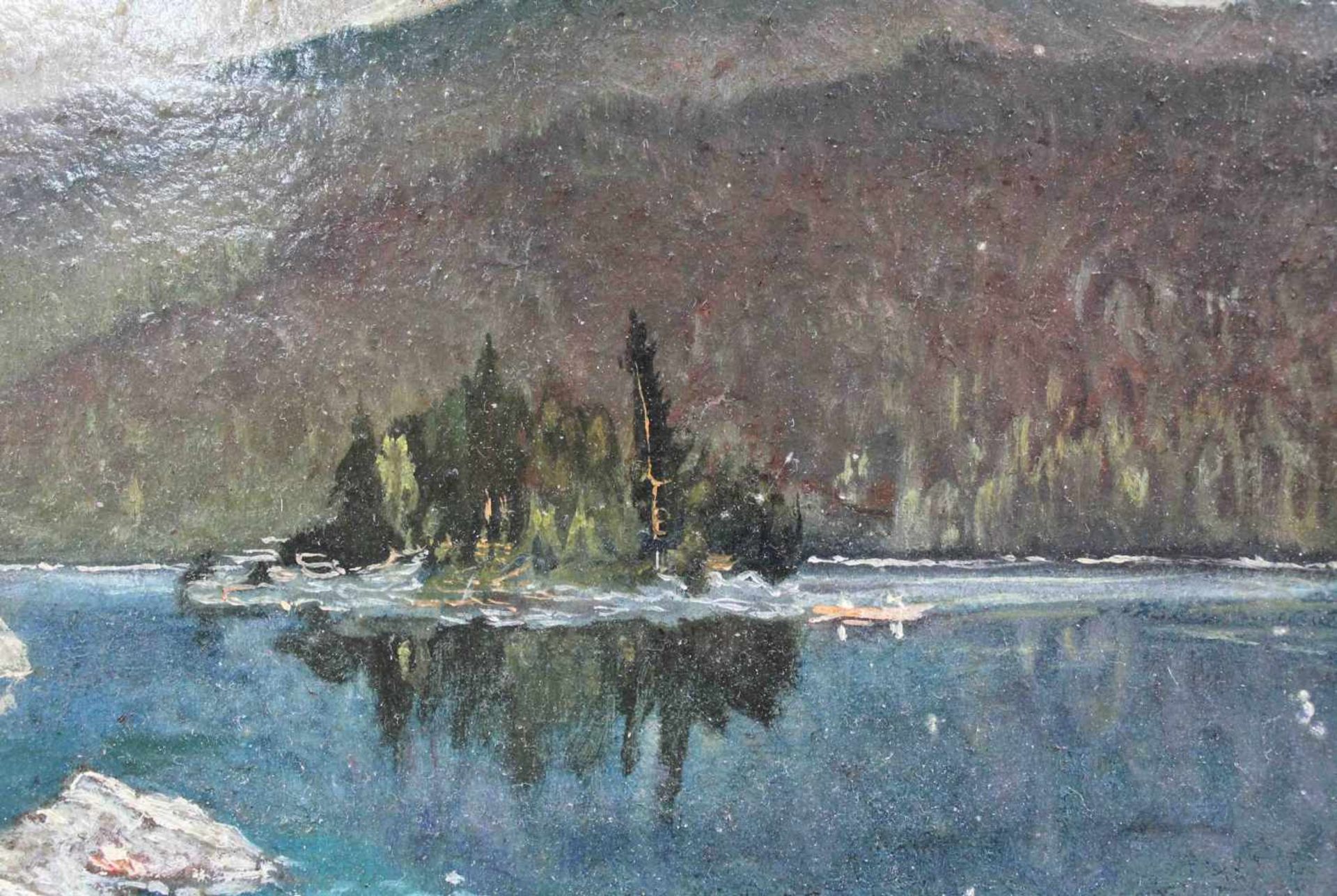 UNSIGNIERT (XIX-XX). Badersee bei Grainau mit Alpspitze und Zugspitze.21 cm x 28 cm. Gemälde. Öl auf - Image 4 of 6