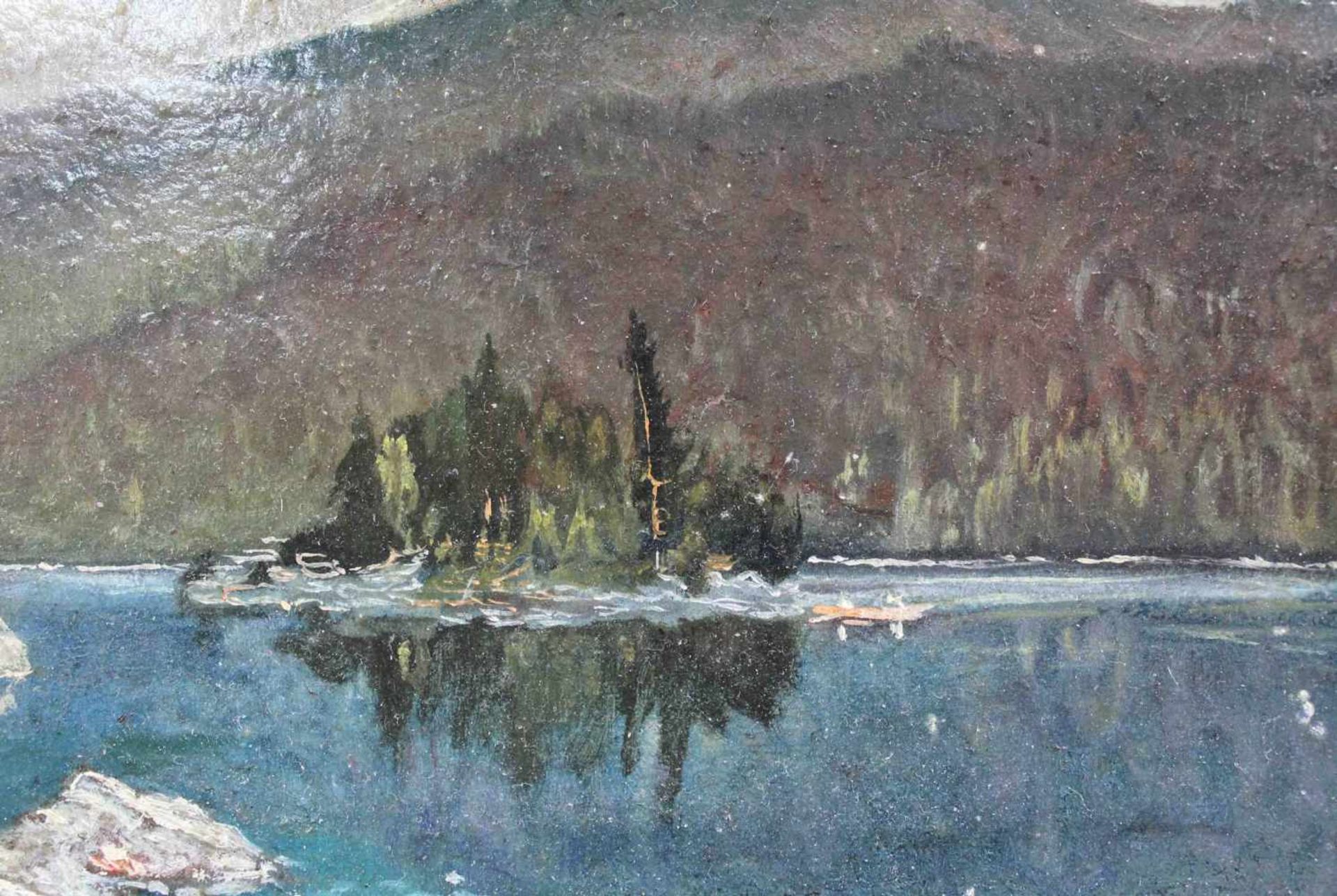 UNSIGNIERT (XIX-XX). Badersee bei Grainau mit Alpspitze und Zugspitze.21 cm x 28 cm. Gemälde. Öl auf - Bild 4 aus 6