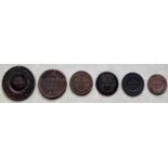 4 x 2 Kopeks, 1 x 3 Kopeks 1896, 1 x 10 Kopeks umgeprägt von 5 Kopeks, 1809.Russland. Münzen,