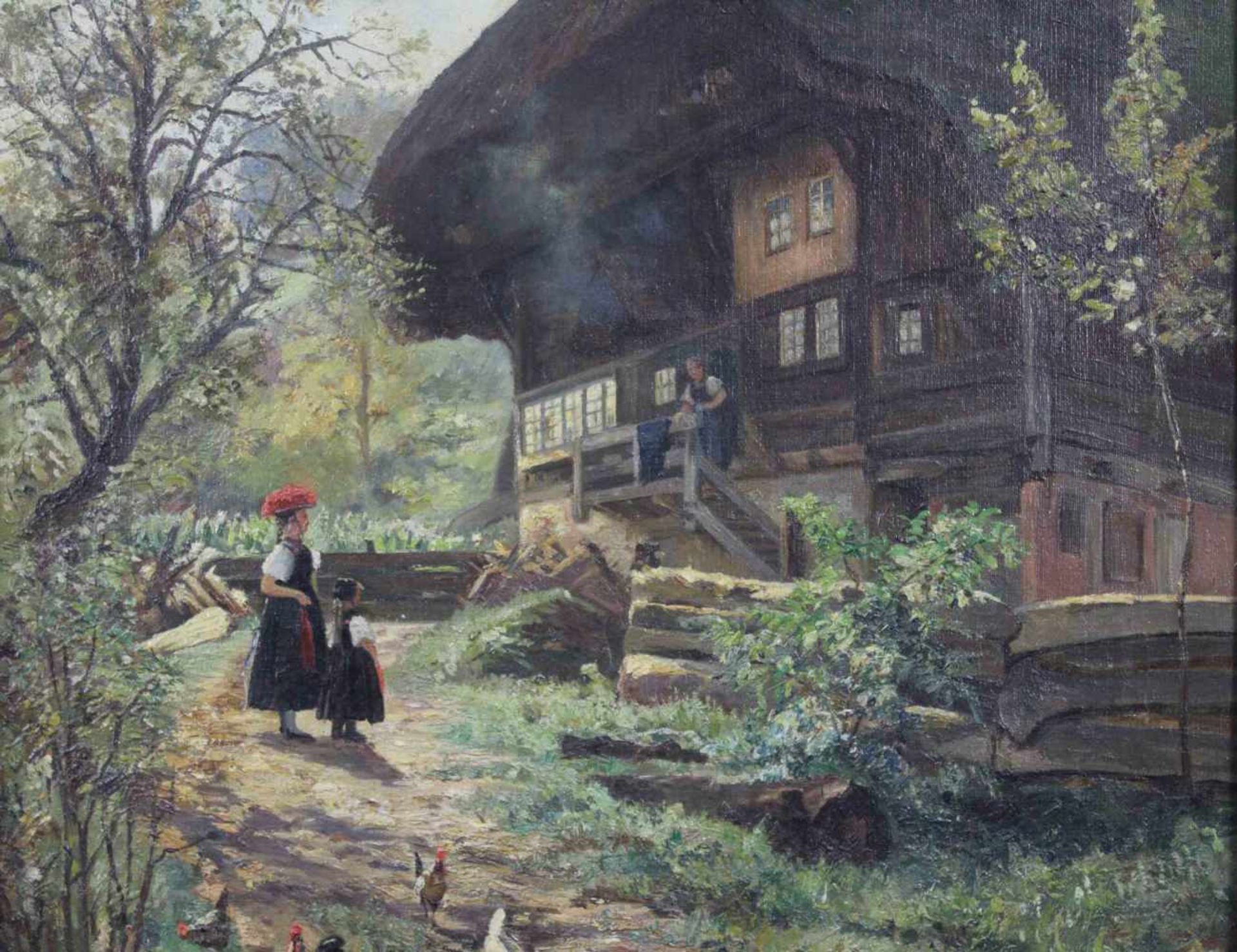 UNSIGNIERT (XIX - XX). Schwarzwald Mädchen vor strohgedecktem Haus.63 cm x 46 cm. Gemälde. Öl auf - Image 3 of 9