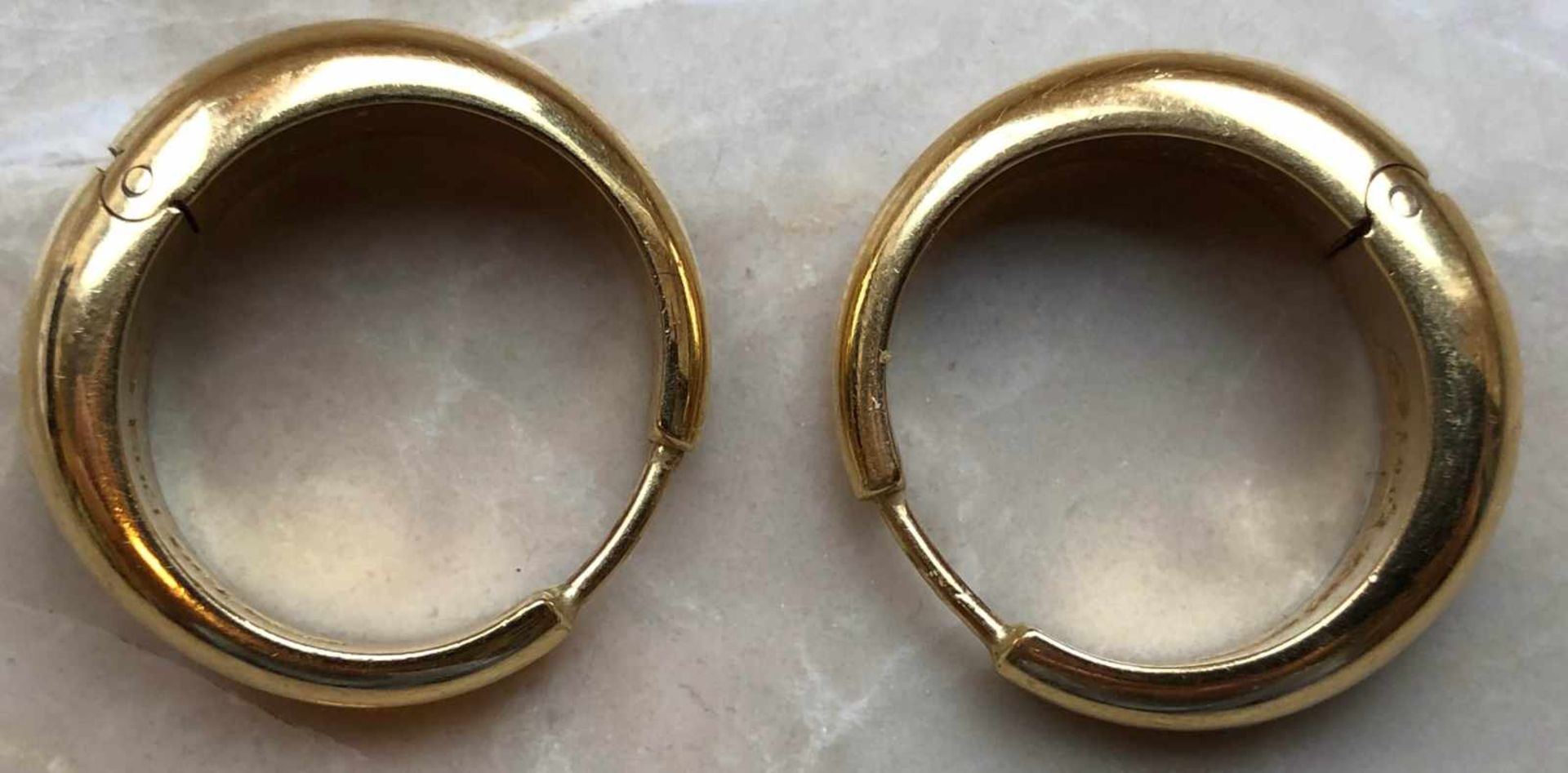 Paar Ohrringe Gold 750. Handarbeit. Marken.9,5 Gramm. 22 mm Durchmesser.Pair of earrings 750 gold. - Bild 5 aus 6