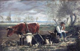 E. HOLM (XIX - XX). Pflüger mit zwei Ochsen bei der Rast. 1891.40 cm x 60 cm. Gemälde. Öl auf Tafel.