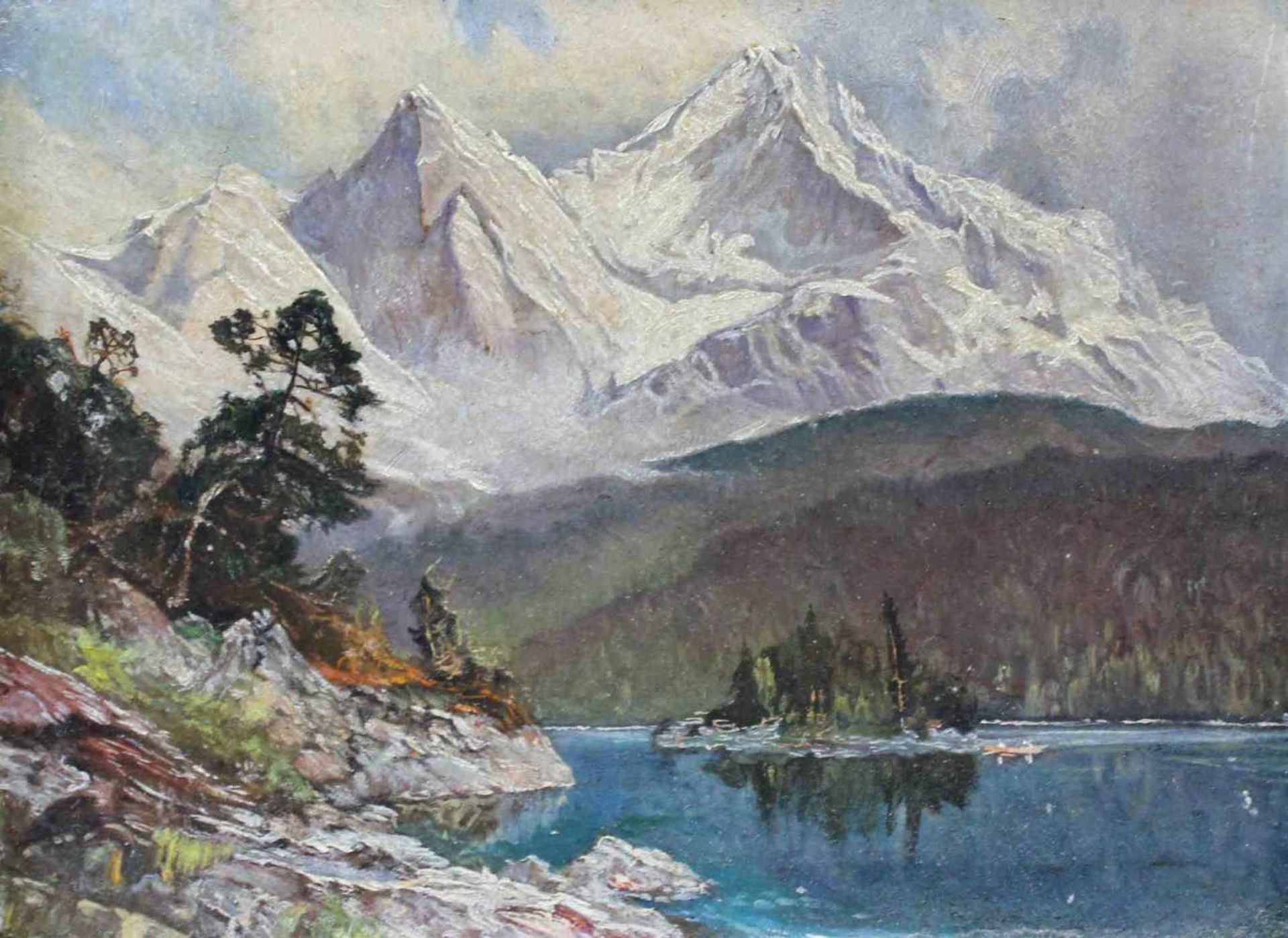 UNSIGNIERT (XIX-XX). Badersee bei Grainau mit Alpspitze und Zugspitze.21 cm x 28 cm. Gemälde. Öl auf
