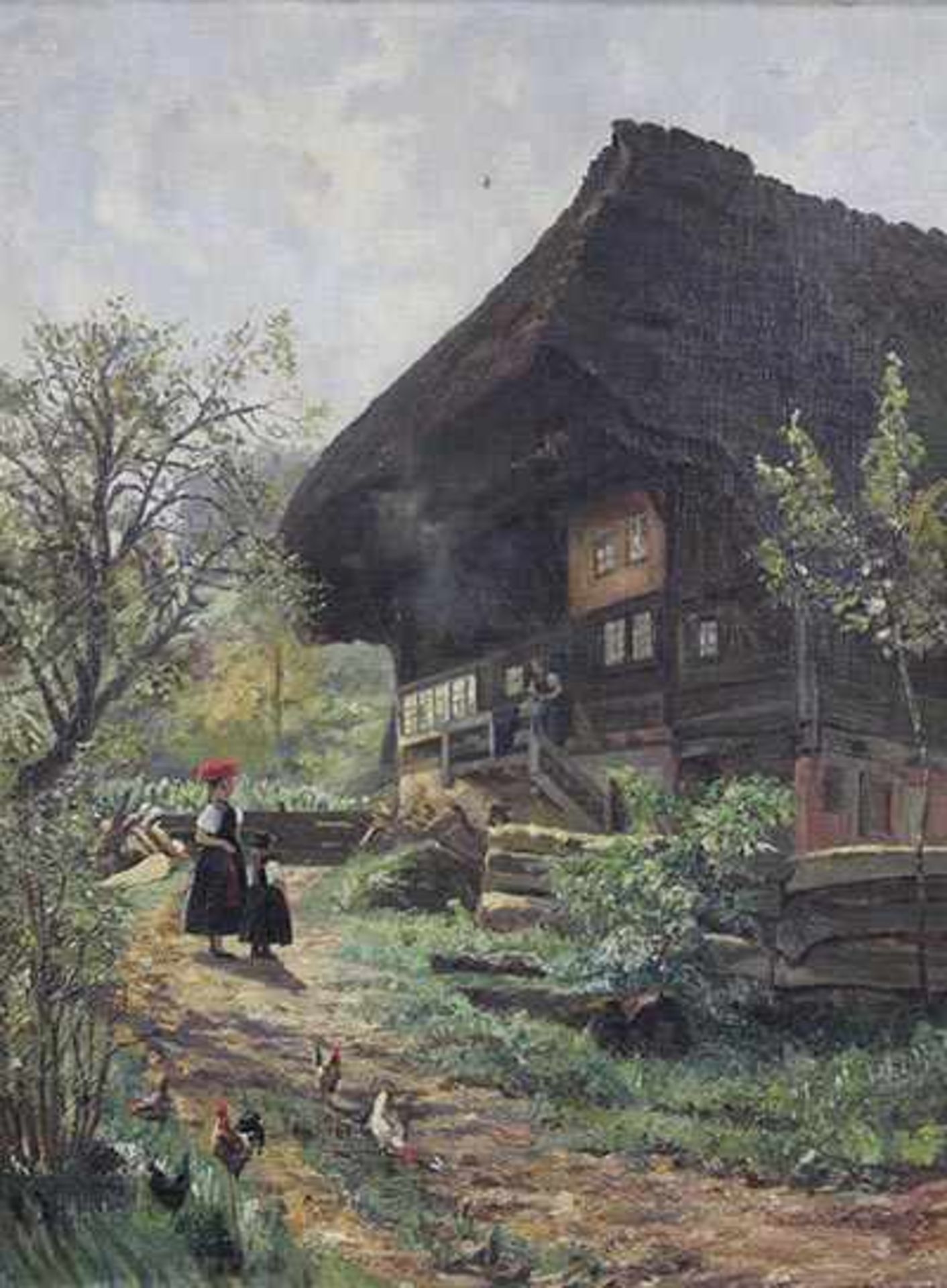 UNSIGNIERT (XIX - XX). Schwarzwald Mädchen vor strohgedecktem Haus.63 cm x 46 cm. Gemälde. Öl auf