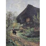 UNSIGNIERT (XIX - XX). Schwarzwald Mädchen vor strohgedecktem Haus.63 cm x 46 cm. Gemälde. Öl auf